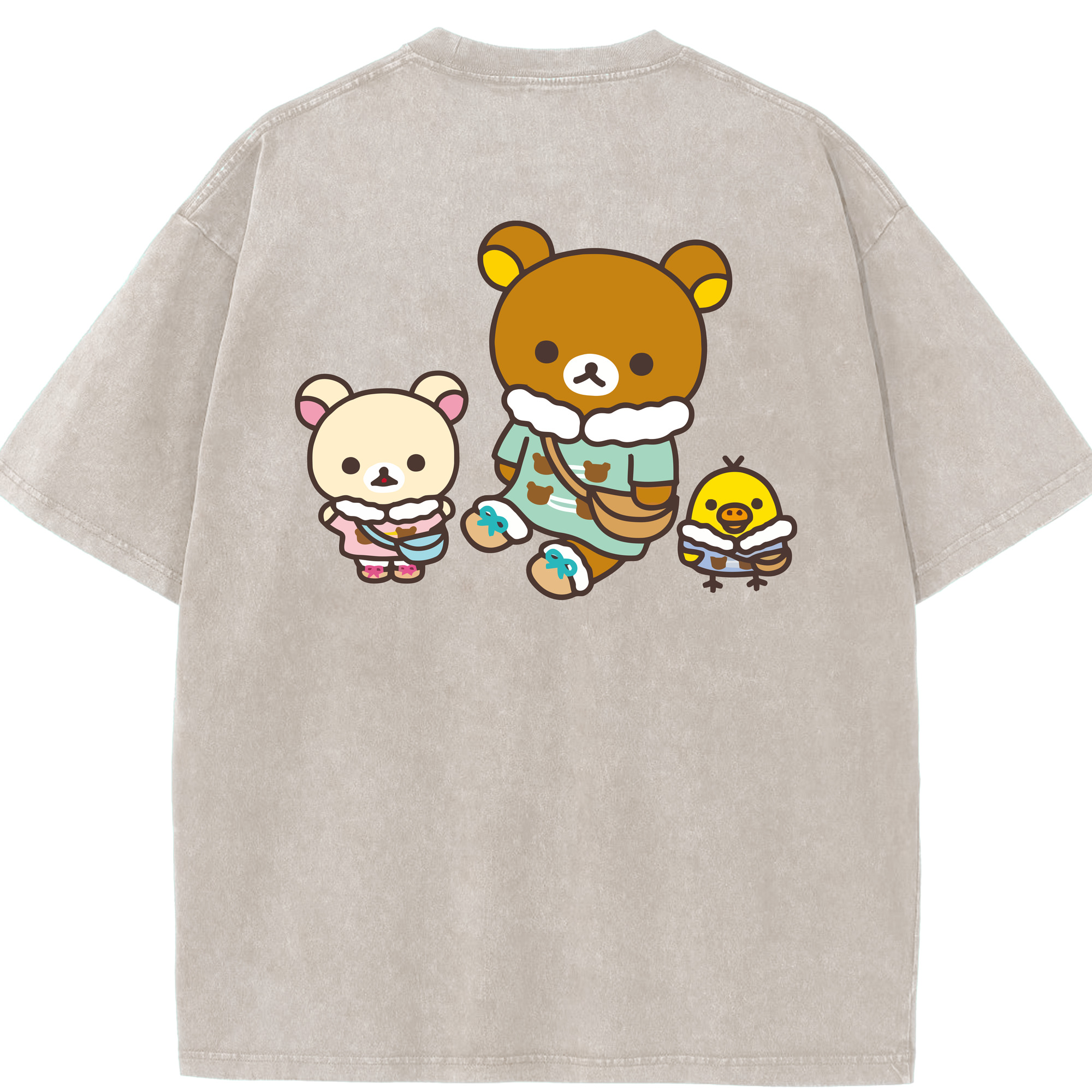 （画像用） リラックマ リラックマ キイロイトリ Rilakkuma Korilakkuma Kiiroitori 綿100% ヴィンテージ風 半袖Tシャツ（背面プリント）