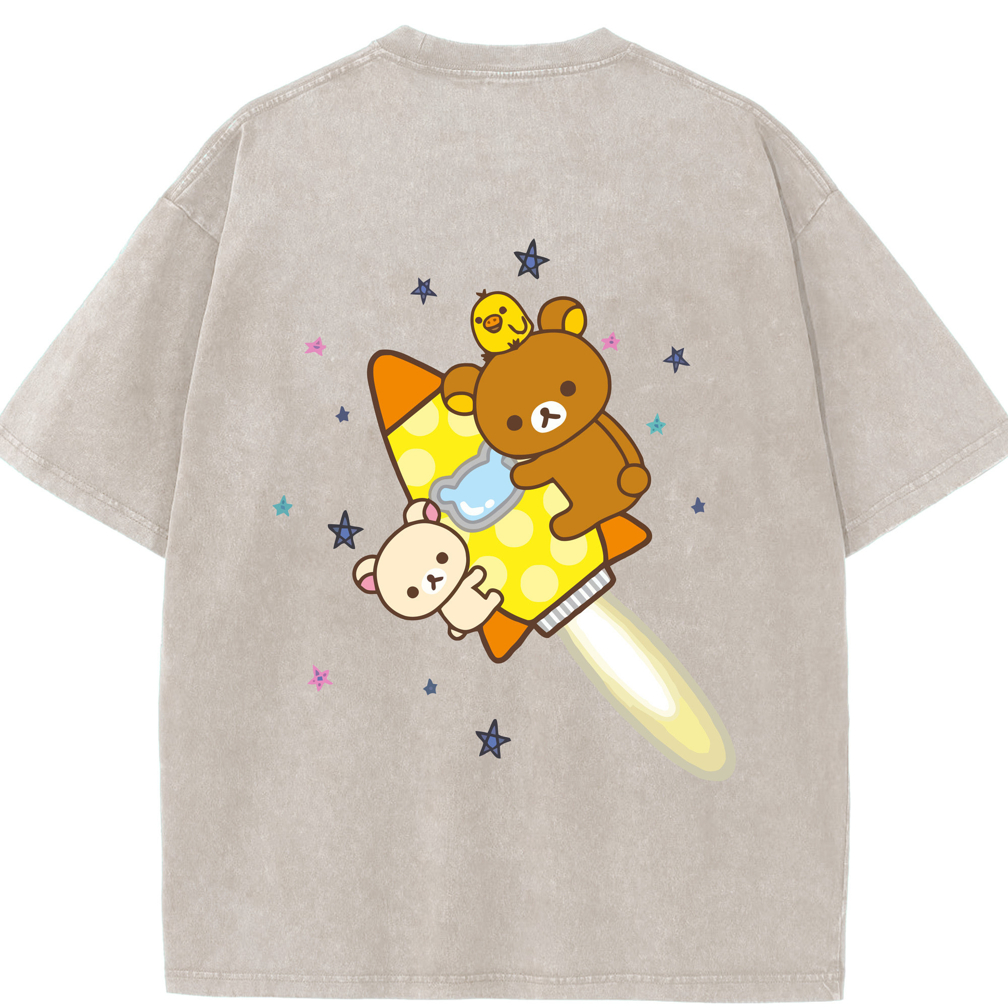 （画像用） リラックマ リラックマ キイロイトリ Rilakkuma Korilakkuma Kiiroitori 綿100% ヴィンテージ風 半袖Tシャツ（背面プリント）
