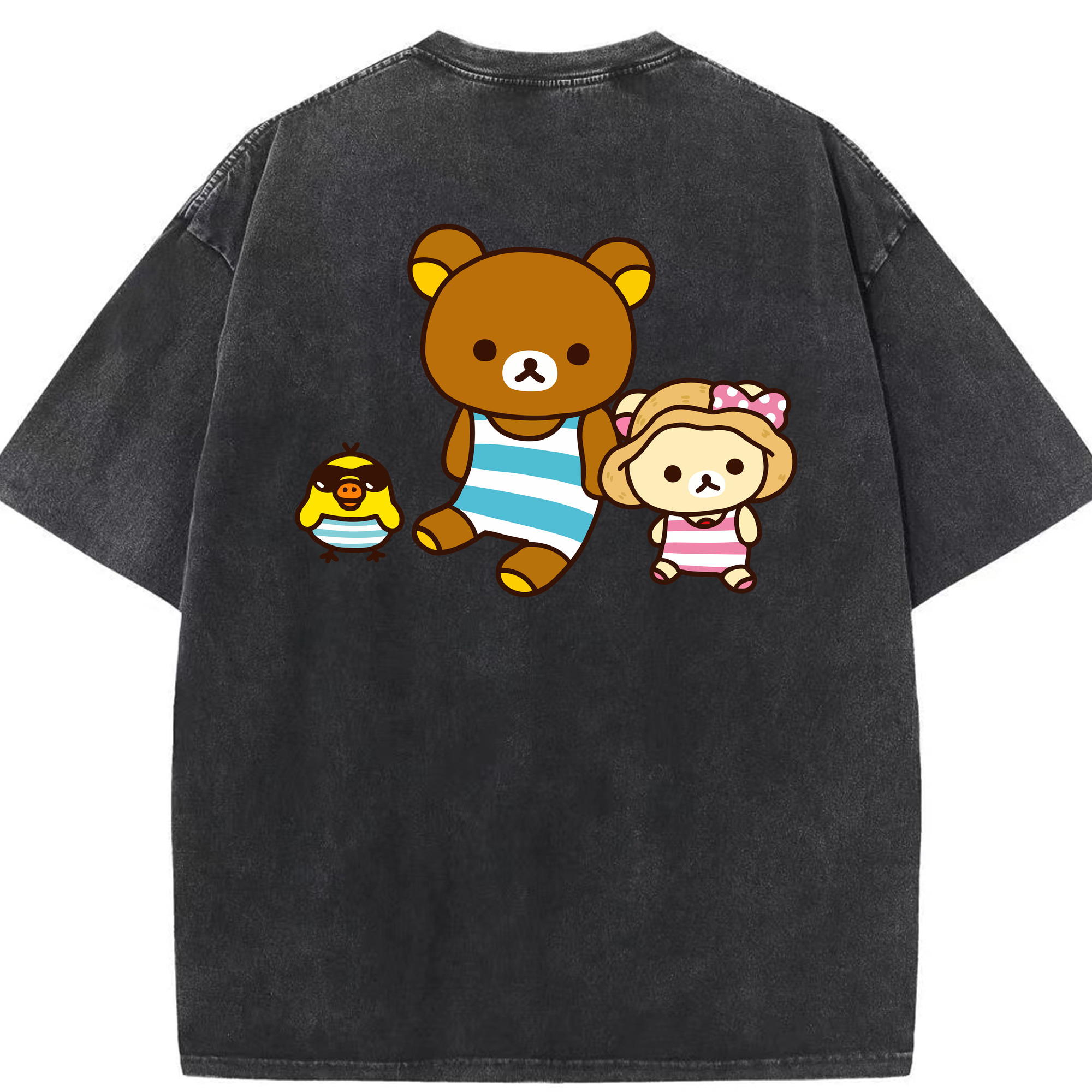 （画像用） リラックマ リラックマ キイロイトリ Rilakkuma Korilakkuma Kiiroitori 綿100% ヴィンテージ風 半袖Tシャツ（背面プリント）