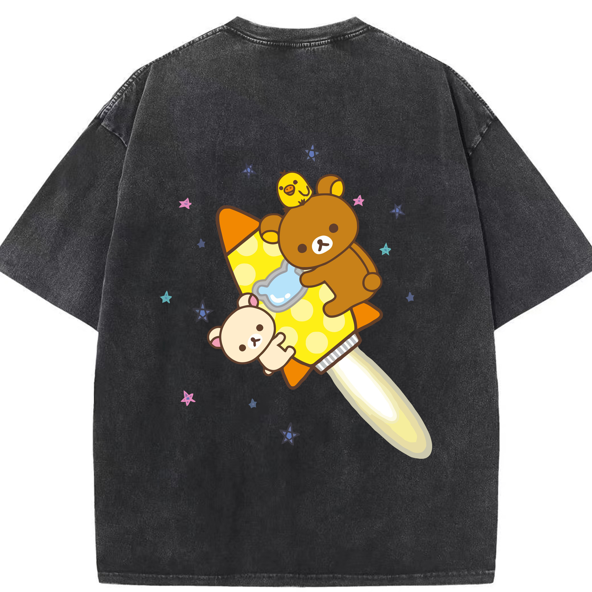 （画像用） リラックマ リラックマ キイロイトリ Rilakkuma Korilakkuma Kiiroitori 綿100% ヴィンテージ風 半袖Tシャツ（背面プリント）