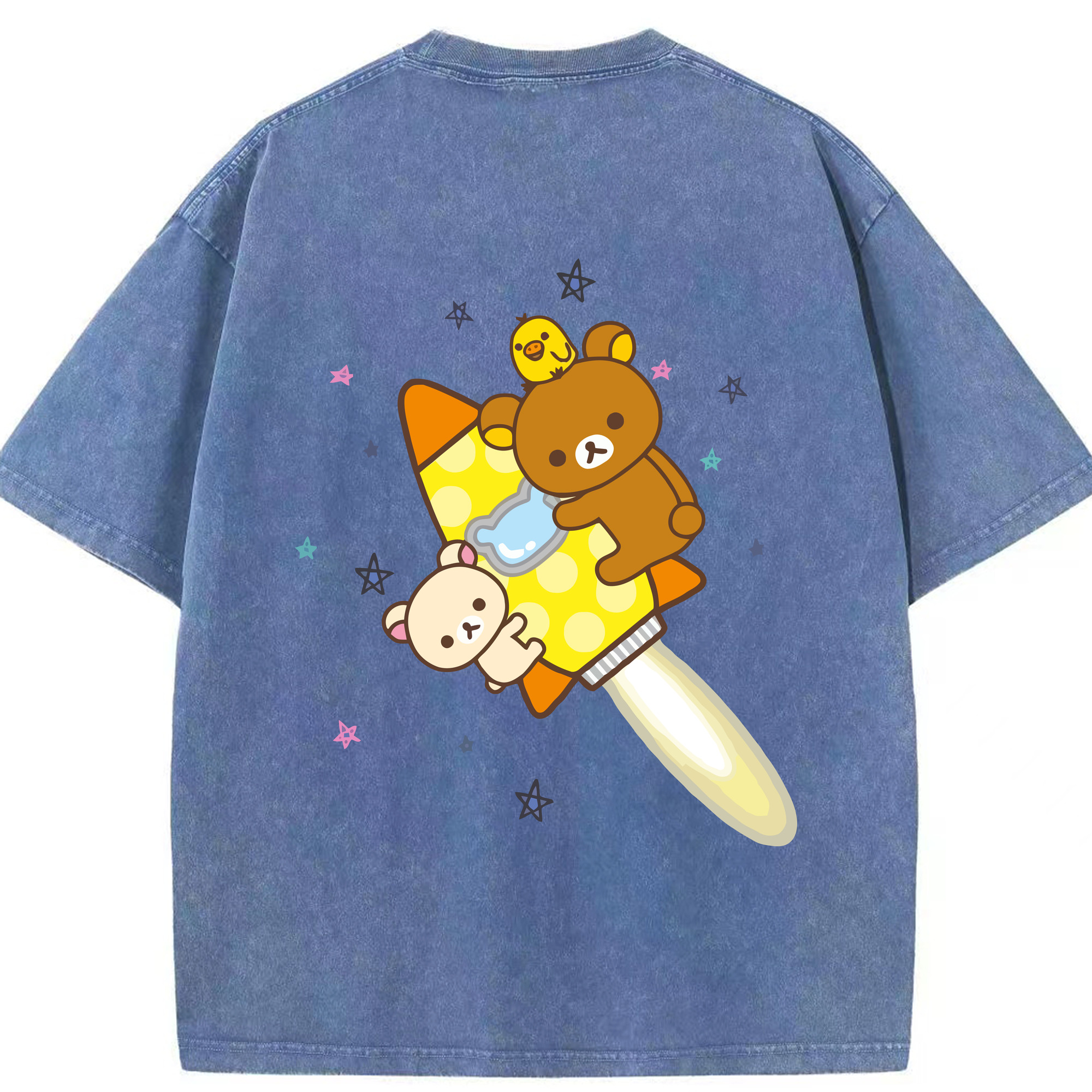 （画像用） リラックマ リラックマ キイロイトリ Rilakkuma Korilakkuma Kiiroitori 綿100% ヴィンテージ風 半袖Tシャツ（背面プリント）