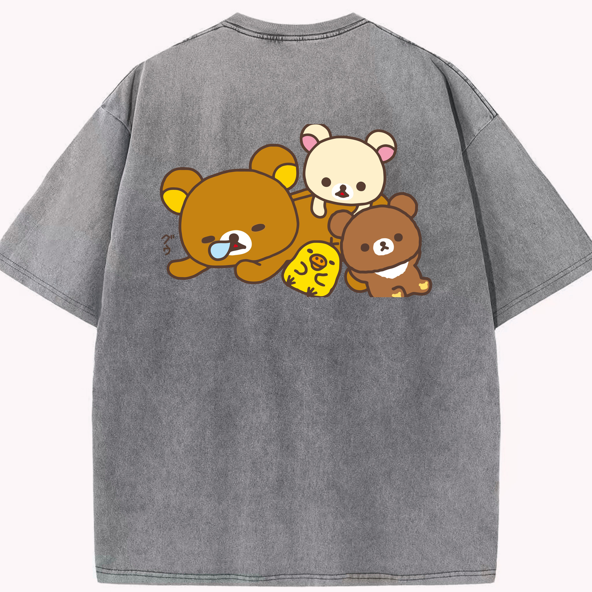 （画像用） リラックマ リラックマ キイロイトリ Rilakkuma Korilakkuma Kiiroitori 綿100% ヴィンテージ風 半袖Tシャツ（背面プリント）