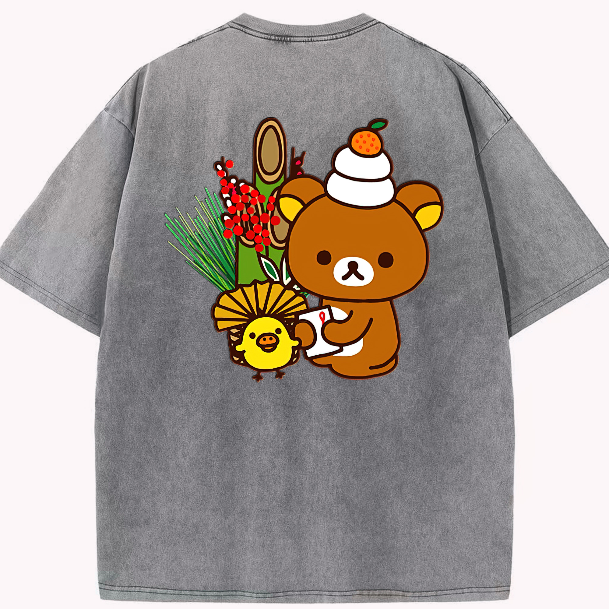 （画像用） リラックマ リラックマ キイロイトリ Rilakkuma Korilakkuma Kiiroitori 綿100% ヴィンテージ風 半袖Tシャツ（背面プリント）