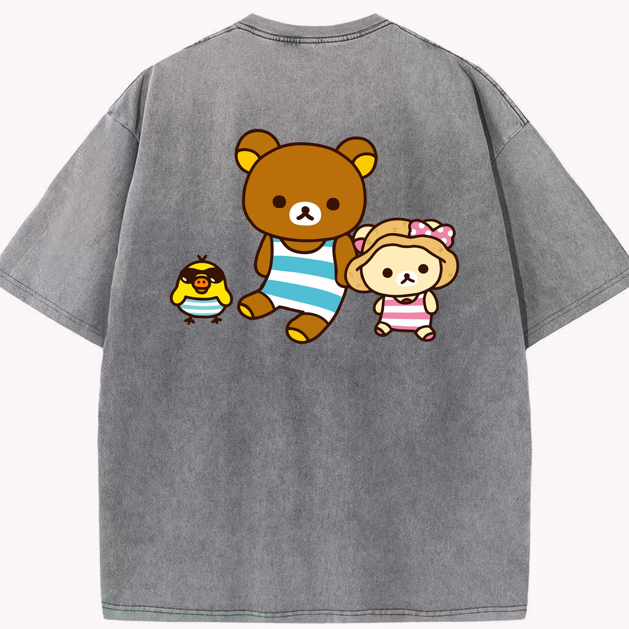 （画像用） リラックマ リラックマ キイロイトリ Rilakkuma Korilakkuma Kiiroitori 綿100% ヴィンテージ風 半袖Tシャツ（背面プリント）