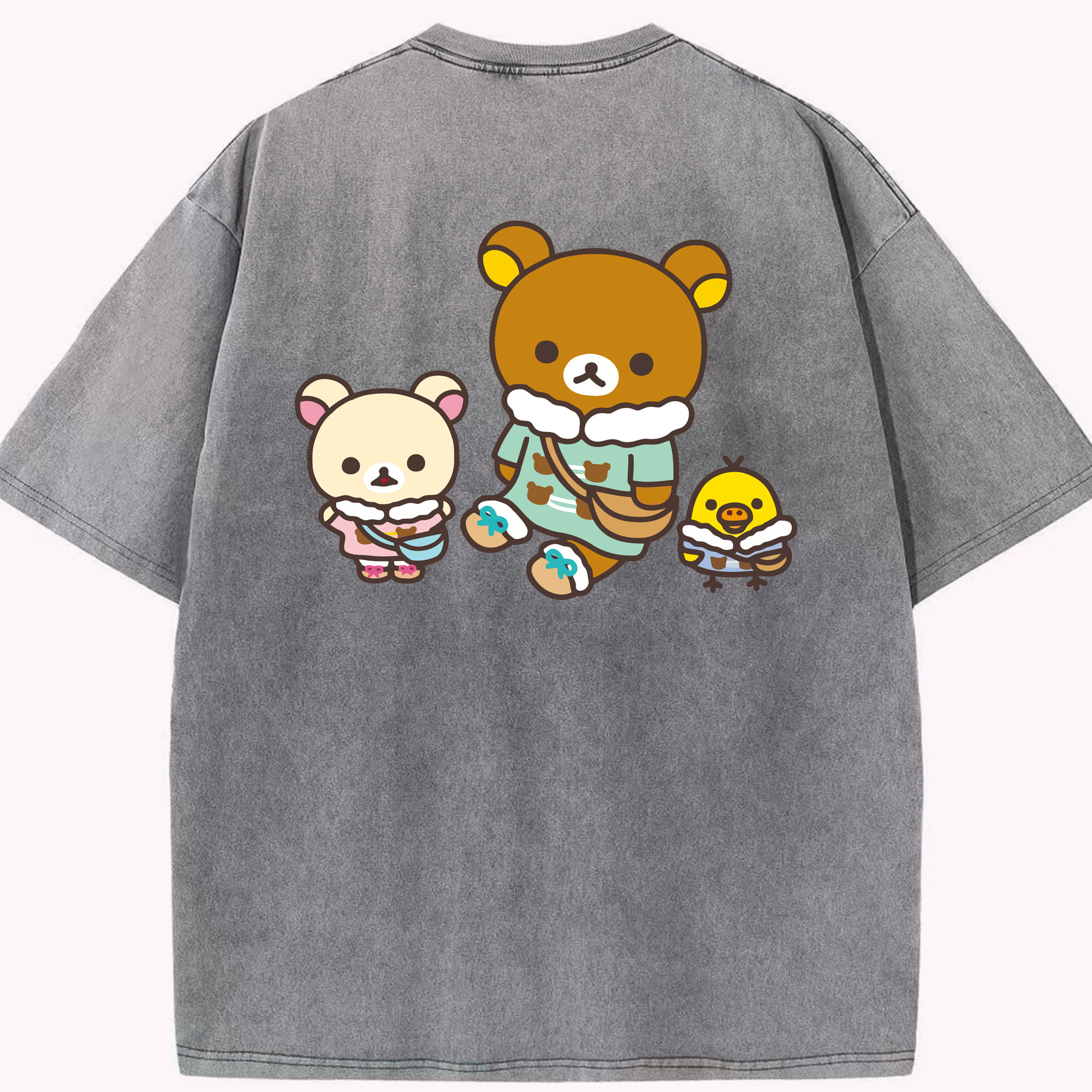 （画像用） リラックマ リラックマ キイロイトリ Rilakkuma Korilakkuma Kiiroitori 綿100% ヴィンテージ風 半袖Tシャツ（背面プリント）