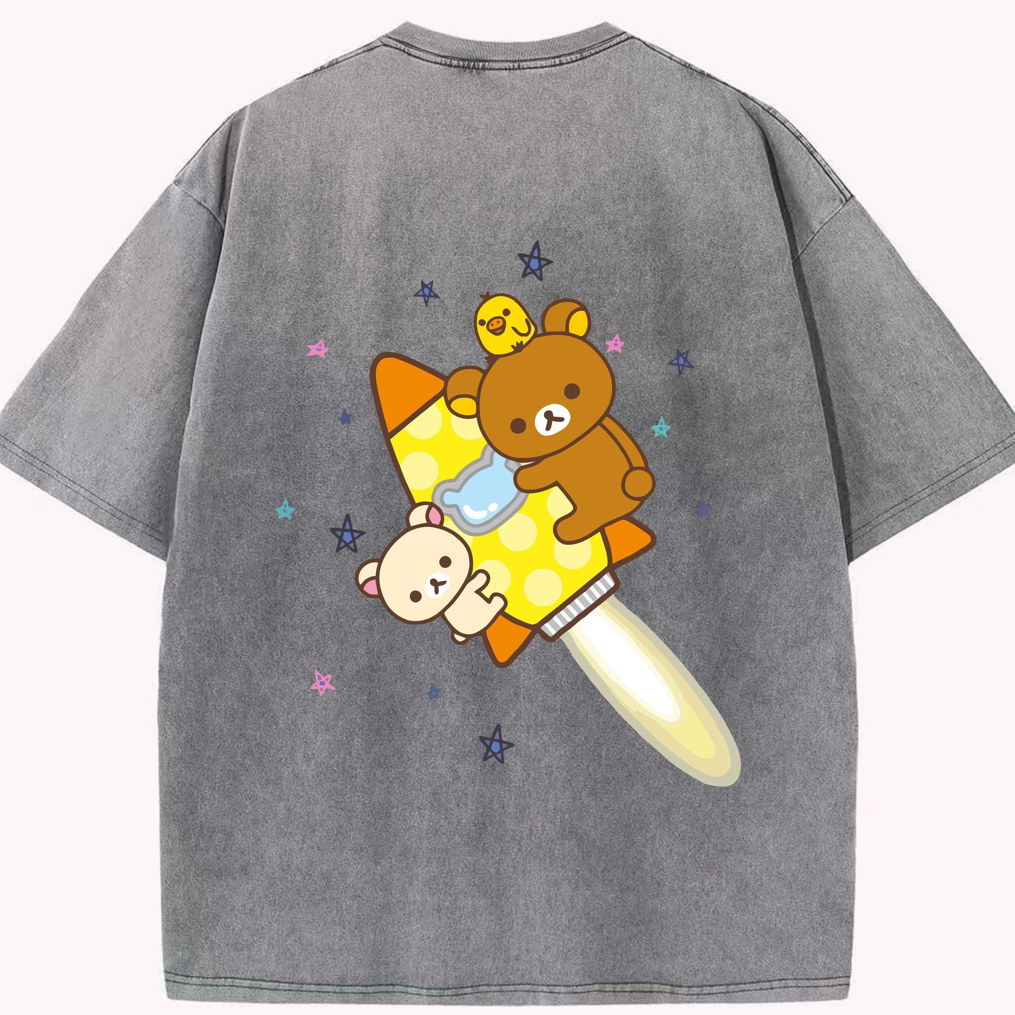 （画像用） リラックマ リラックマ キイロイトリ Rilakkuma Korilakkuma Kiiroitori 綿100% ヴィンテージ風 半袖Tシャツ（背面プリント）