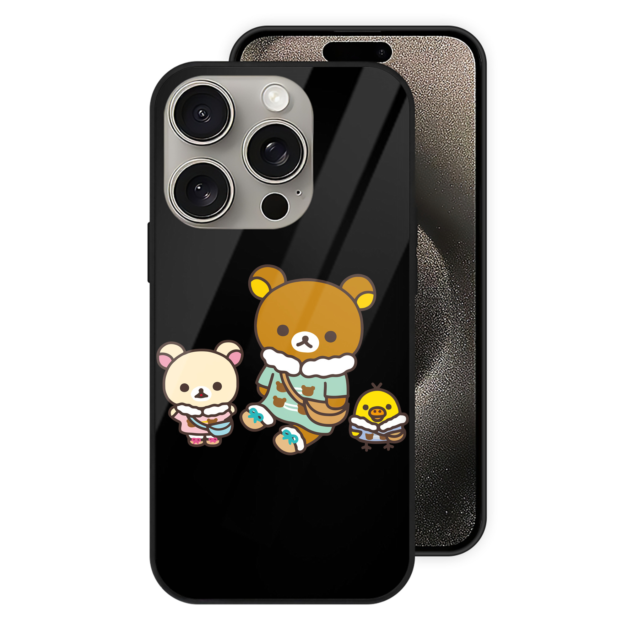 （画像用） リラックマ リラックマ キイロイトリ Rilakkuma Korilakkuma Kiiroitori 【iPhone15Pro対応】スマホケース 耐衝撃＆黄変防止 背面ガラス