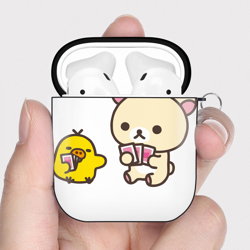 （画像用） リラックマ リラックマ キイロイトリ Rilakkuma Korilakkuma Kiiroitori AirPods 第2世代保護ケース ハードシェル ブラック 耐衝撃・防指紋・カラビナ付き