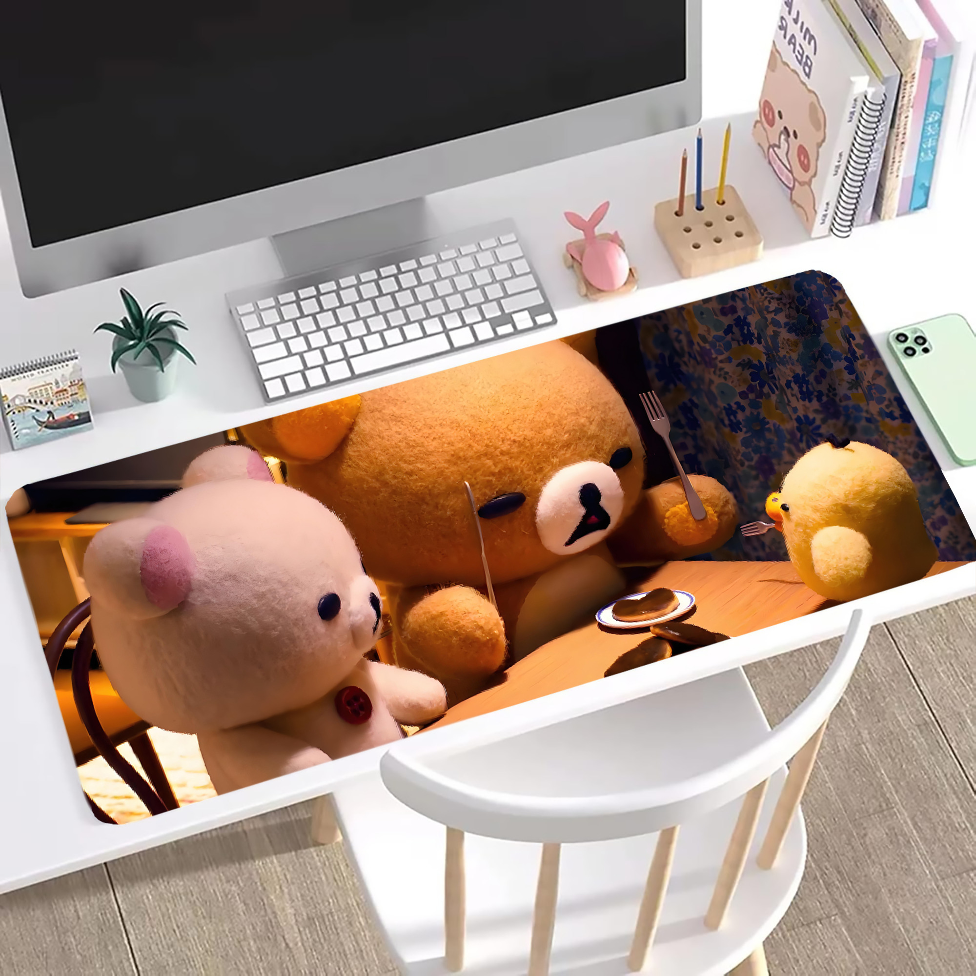 （画像用） リラックマ リラックマ キイロイトリ Rilakkuma Korilakkuma Kiiroitori ステッチ加工 大判デスクマット／滑り止めマウスパッド