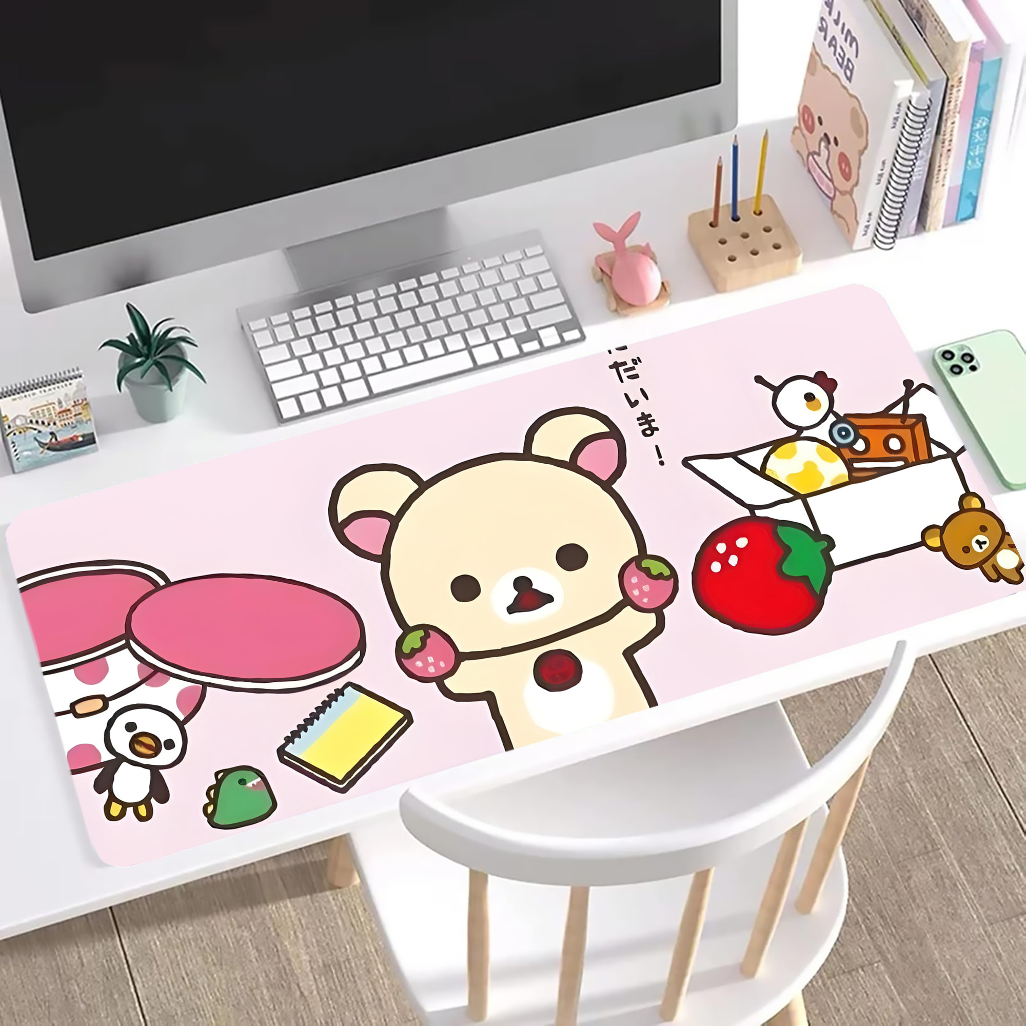 （画像用） リラックマ リラックマ キイロイトリ Rilakkuma Korilakkuma Kiiroitori ステッチ加工 大判デスクマット／滑り止めマウスパッド