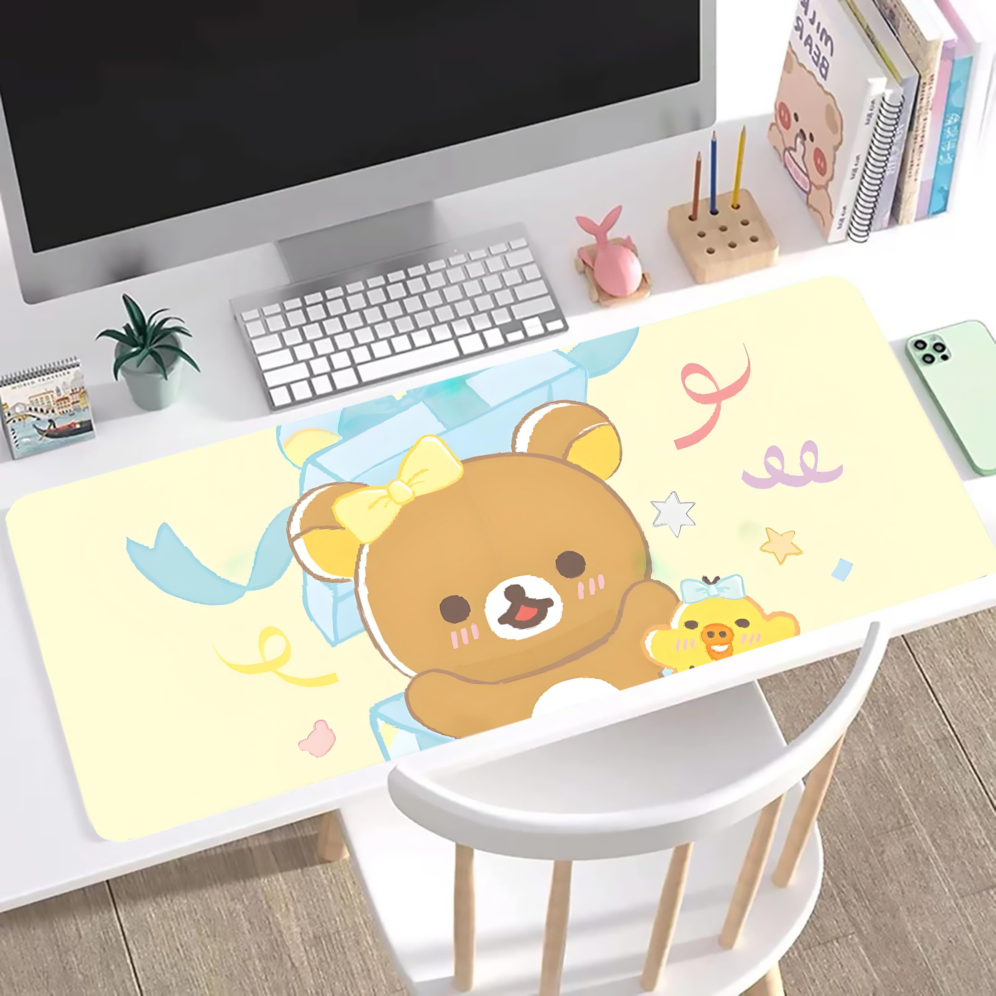 （画像用） リラックマ リラックマ キイロイトリ Rilakkuma Korilakkuma Kiiroitori ステッチ加工 大判デスクマット／滑り止めマウスパッド
