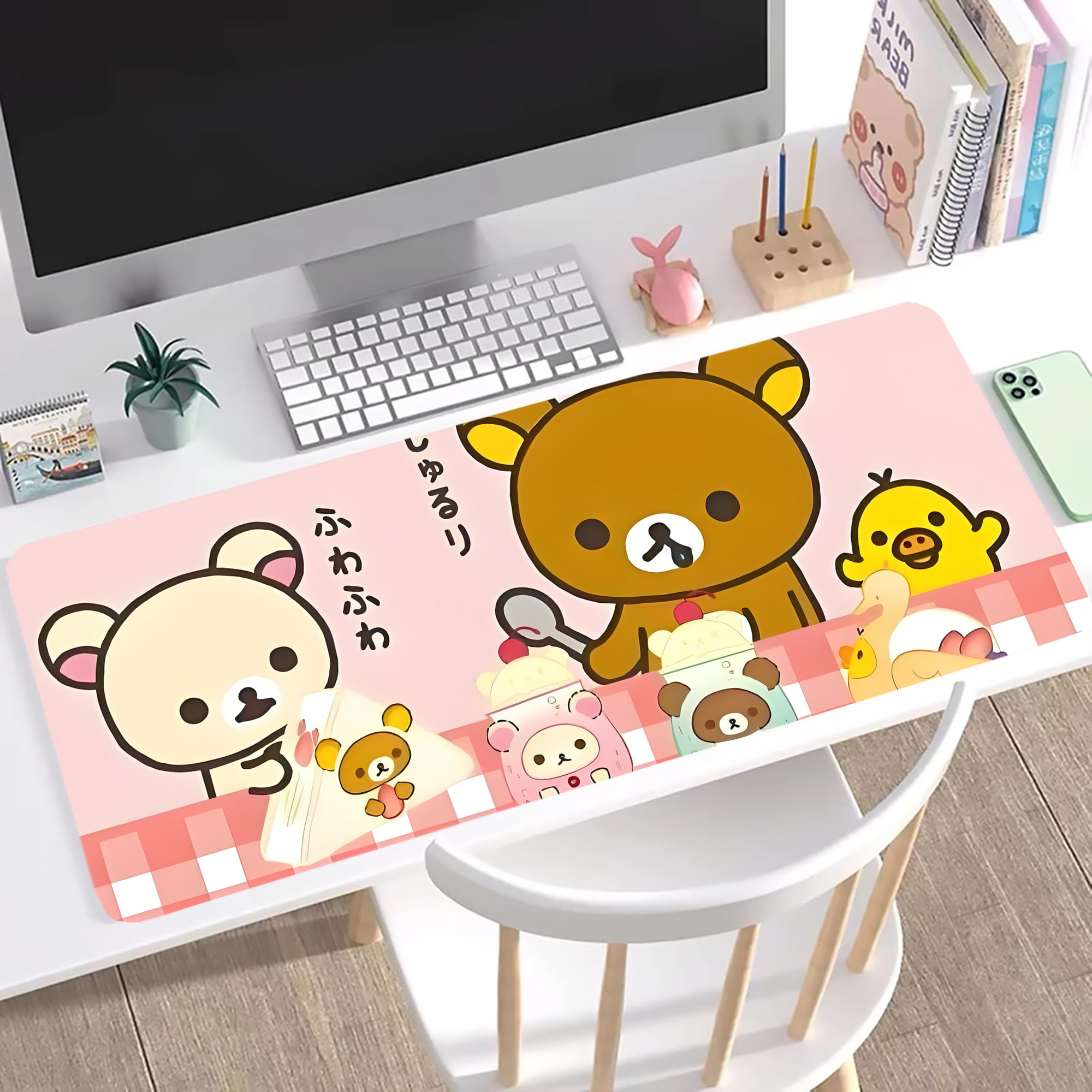（画像用） リラックマ リラックマ キイロイトリ Rilakkuma Korilakkuma Kiiroitori ステッチ加工 大判デスクマット／滑り止めマウスパッド