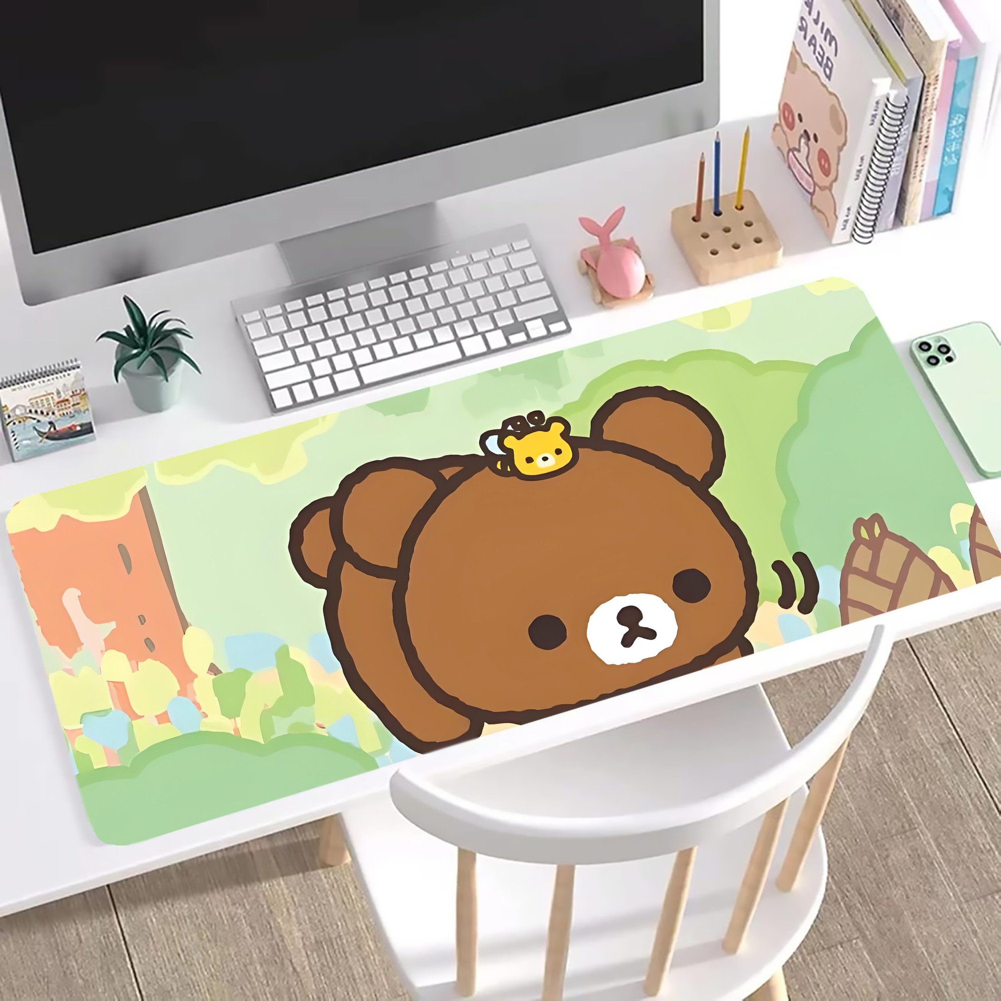 （画像用） リラックマ リラックマ キイロイトリ Rilakkuma Korilakkuma Kiiroitori ステッチ加工 大判デスクマット／滑り止めマウスパッド