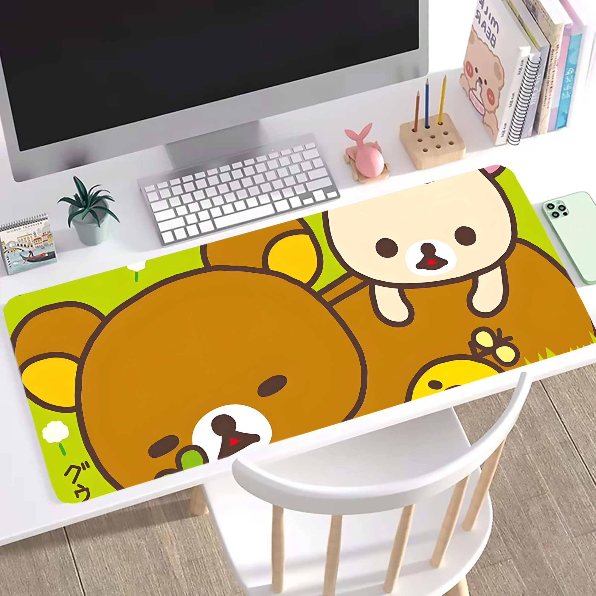 （画像用） リラックマ リラックマ キイロイトリ Rilakkuma Korilakkuma Kiiroitori ステッチ加工 大判デスクマット／滑り止めマウスパッド