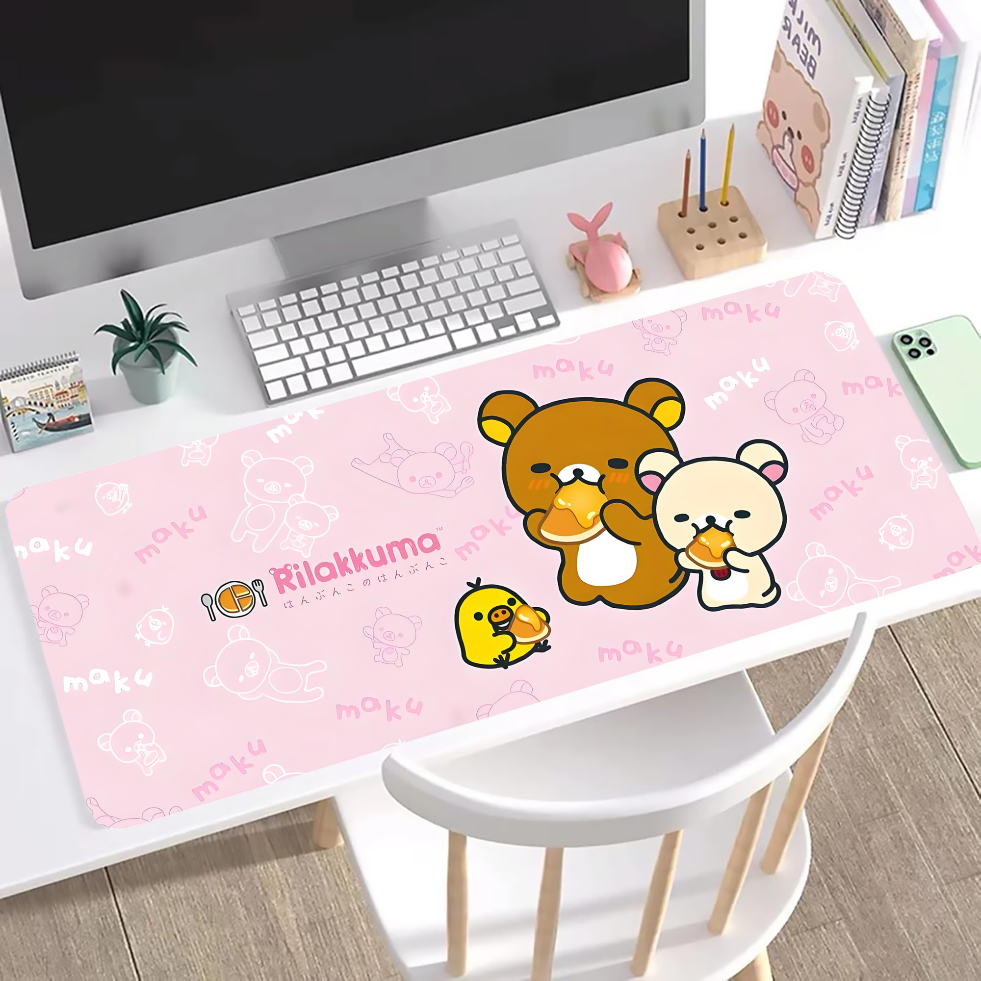 （画像用） リラックマ リラックマ キイロイトリ Rilakkuma Korilakkuma Kiiroitori ステッチ加工 大判デスクマット／滑り止めマウスパッド