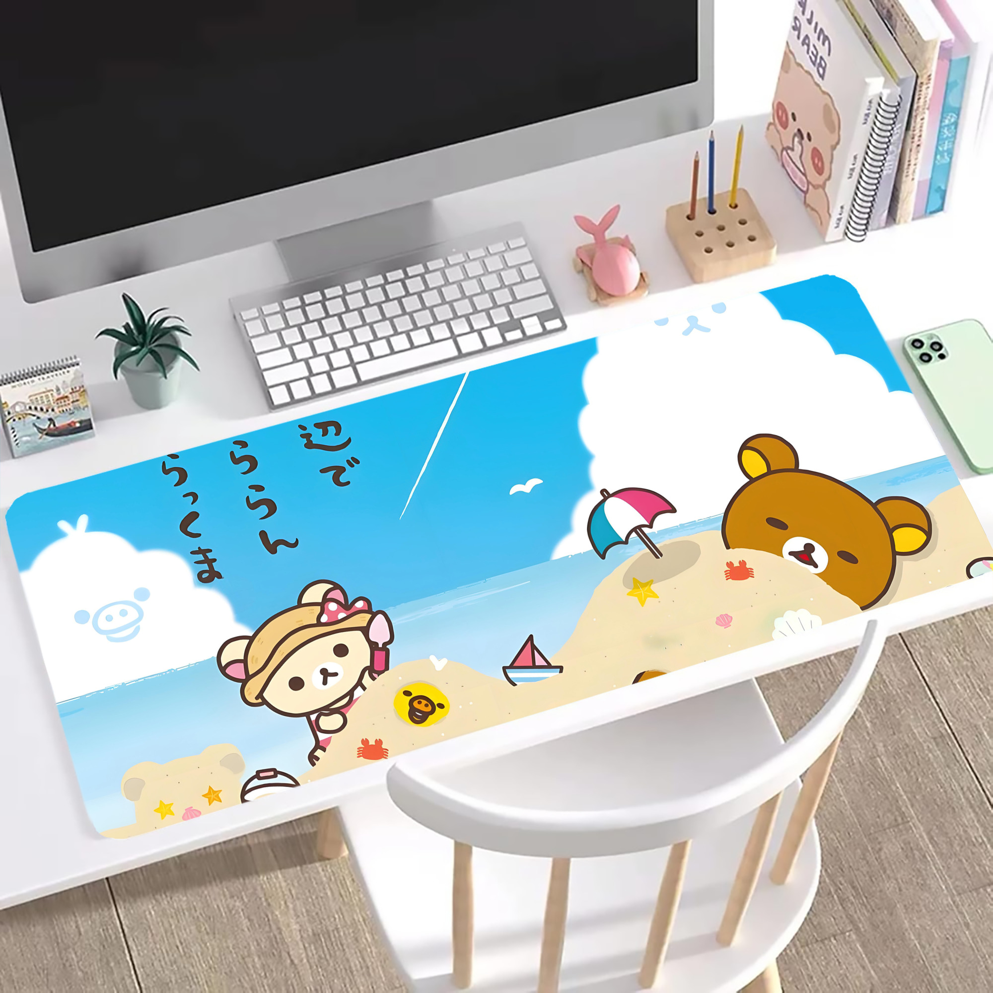 （画像用） リラックマ リラックマ キイロイトリ Rilakkuma Korilakkuma Kiiroitori ステッチ加工 大判デスクマット／滑り止めマウスパッド