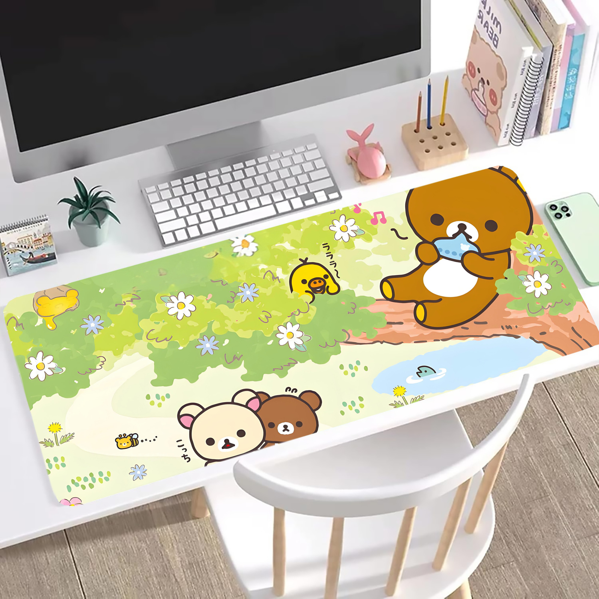 （画像用） リラックマ リラックマ キイロイトリ Rilakkuma Korilakkuma Kiiroitori ステッチ加工 大判デスクマット／滑り止めマウスパッド