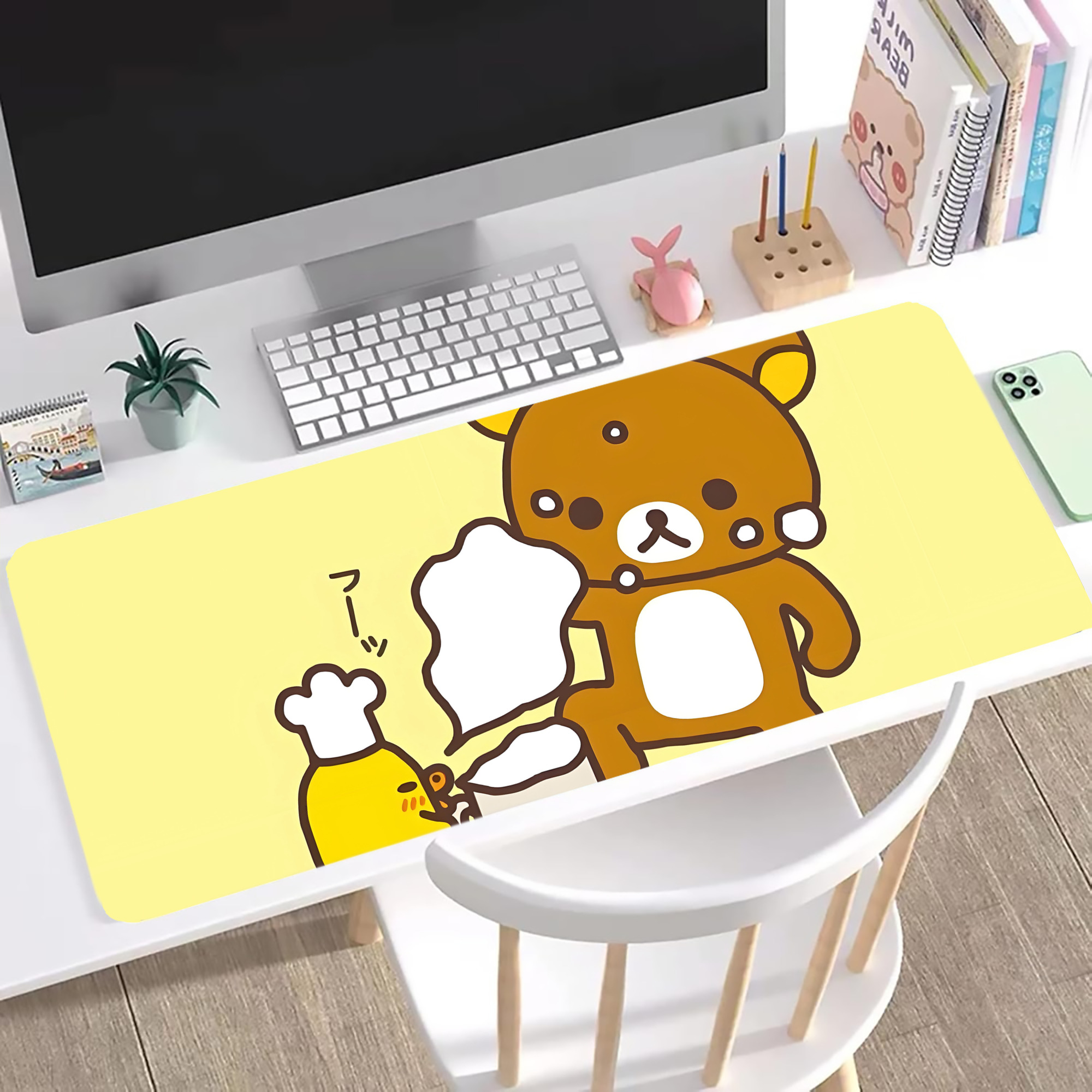 （画像用） リラックマ リラックマ キイロイトリ Rilakkuma Korilakkuma Kiiroitori ステッチ加工 大判デスクマット／滑り止めマウスパッド