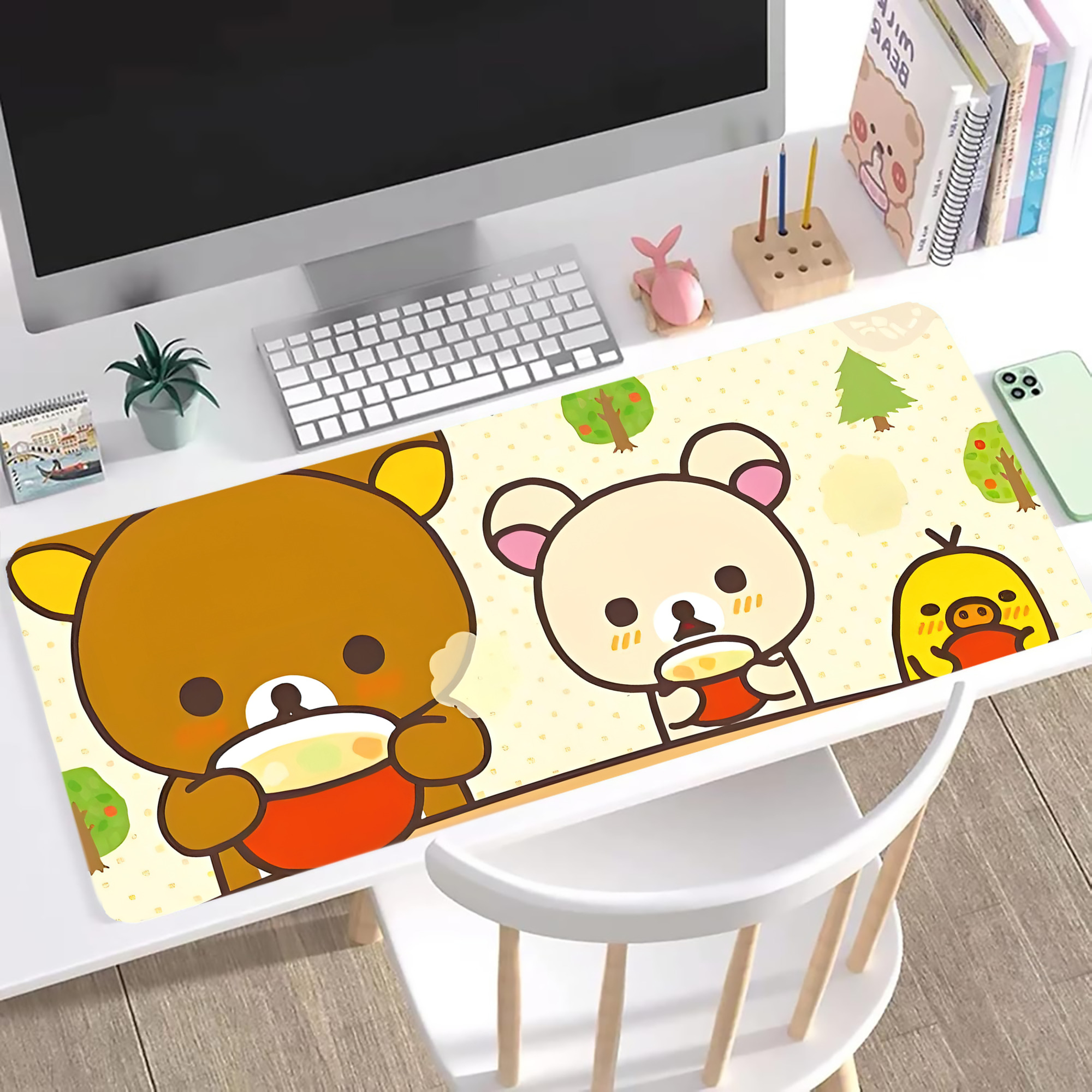 （画像用） リラックマ リラックマ キイロイトリ Rilakkuma Korilakkuma Kiiroitori ステッチ加工 大判デスクマット／滑り止めマウスパッド
