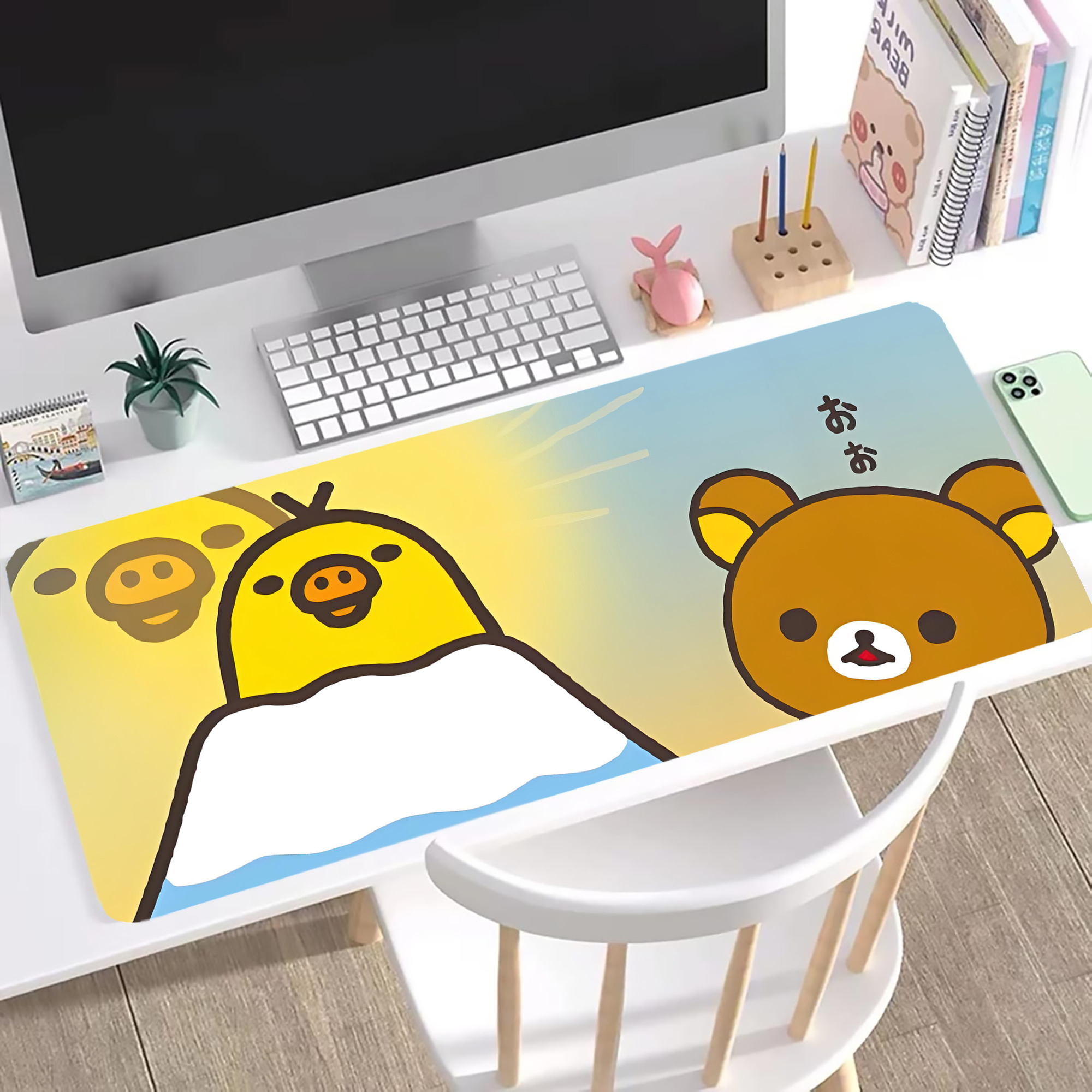 （画像用） リラックマ リラックマ キイロイトリ Rilakkuma Korilakkuma Kiiroitori ステッチ加工 大判デスクマット／滑り止めマウスパッド