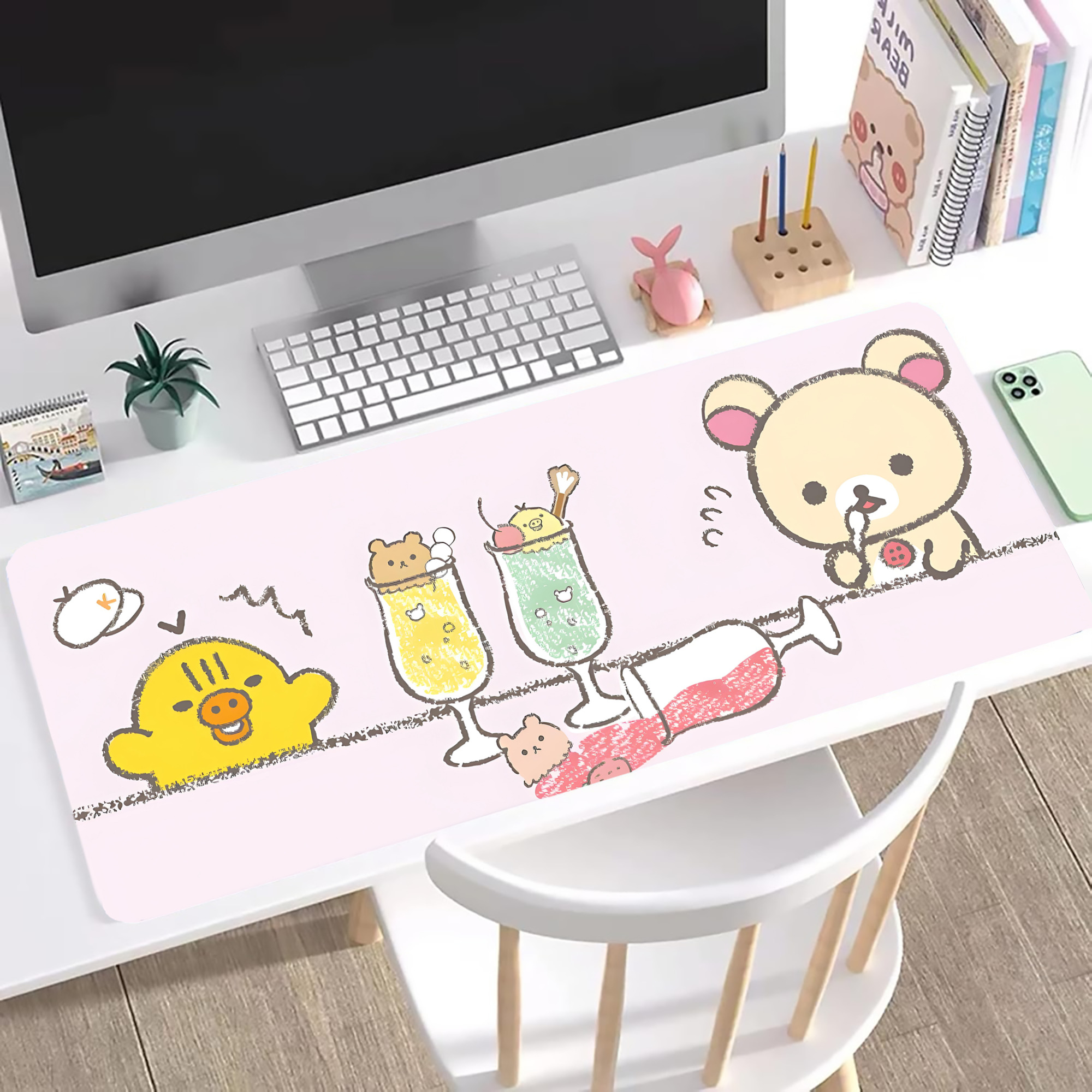 （画像用） リラックマ リラックマ キイロイトリ Rilakkuma Korilakkuma Kiiroitori ステッチ加工 大判デスクマット／滑り止めマウスパッド