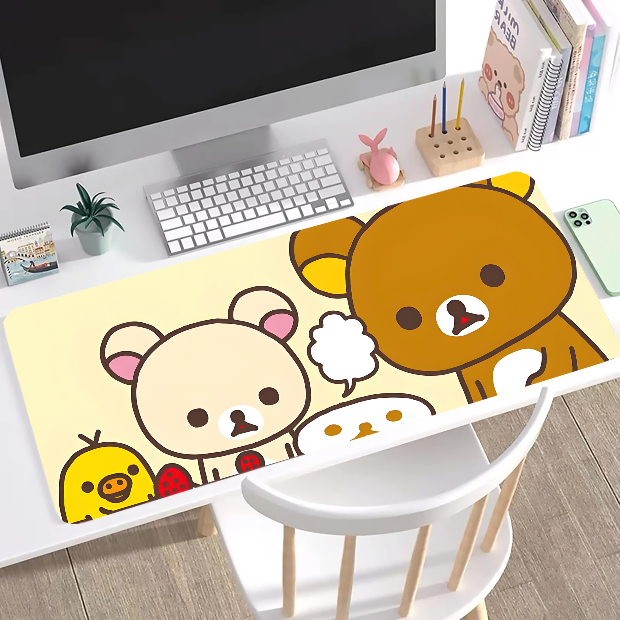 （画像用） リラックマ リラックマ キイロイトリ Rilakkuma Korilakkuma Kiiroitori ステッチ加工 大判デスクマット／滑り止めマウスパッド