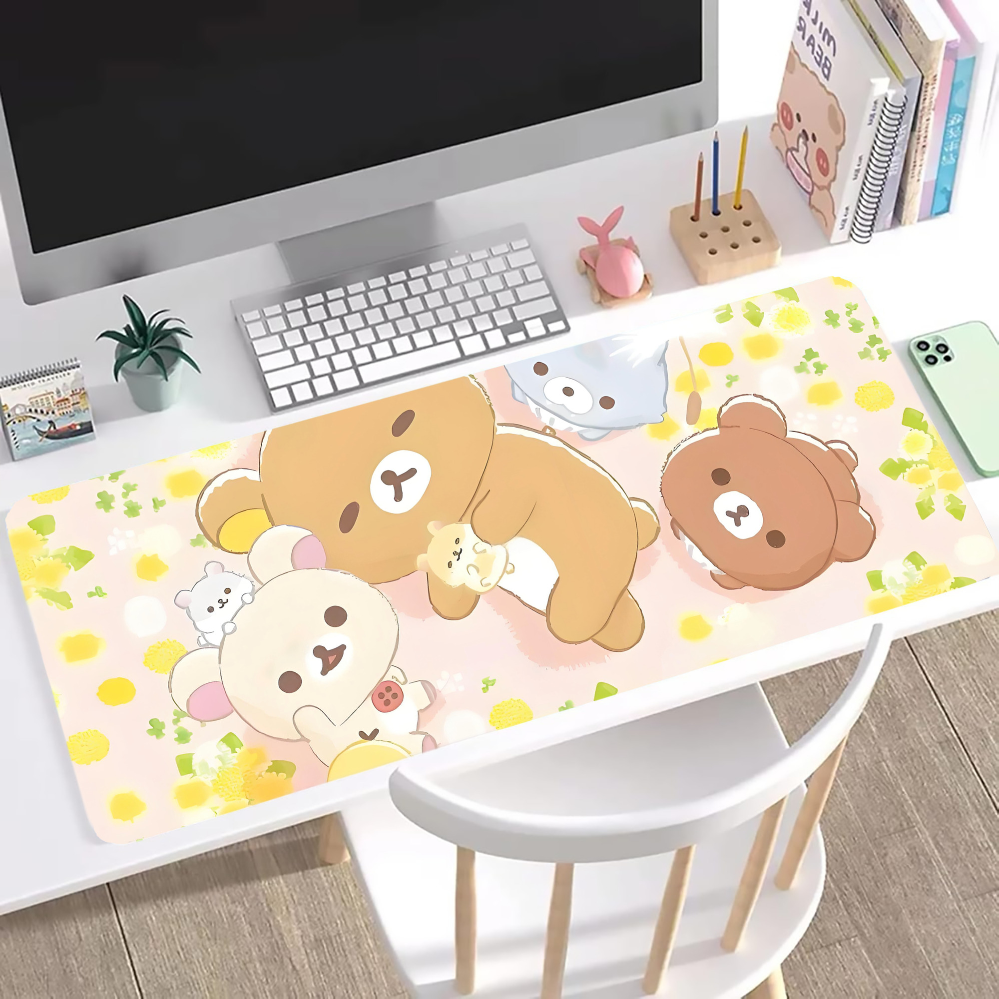 （画像用） リラックマ リラックマ キイロイトリ Rilakkuma Korilakkuma Kiiroitori ステッチ加工 大判デスクマット／滑り止めマウスパッド