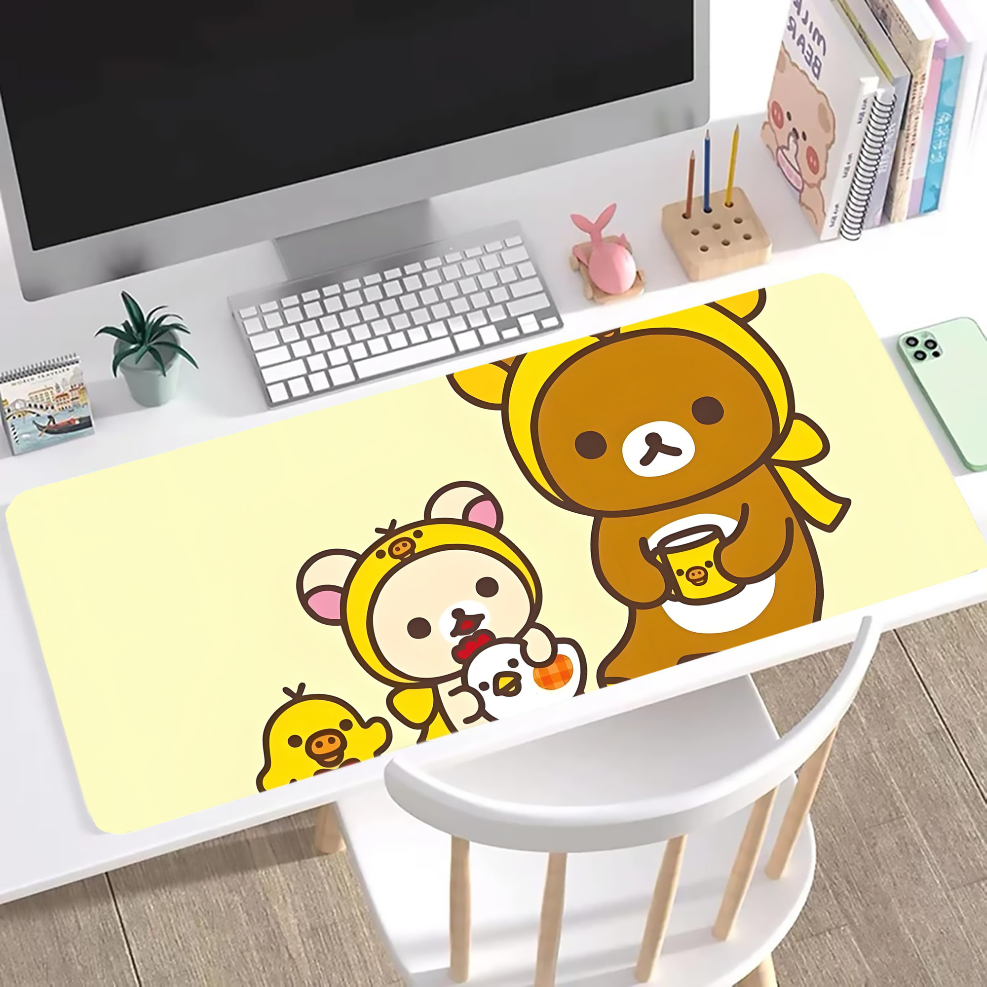 （画像用） リラックマ リラックマ キイロイトリ Rilakkuma Korilakkuma Kiiroitori ステッチ加工 大判デスクマット／滑り止めマウスパッド