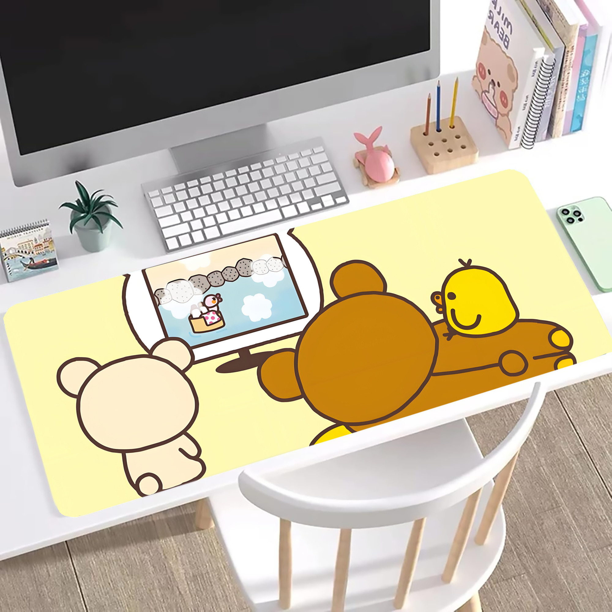 （画像用） リラックマ リラックマ キイロイトリ Rilakkuma Korilakkuma Kiiroitori ステッチ加工 大判デスクマット／滑り止めマウスパッド