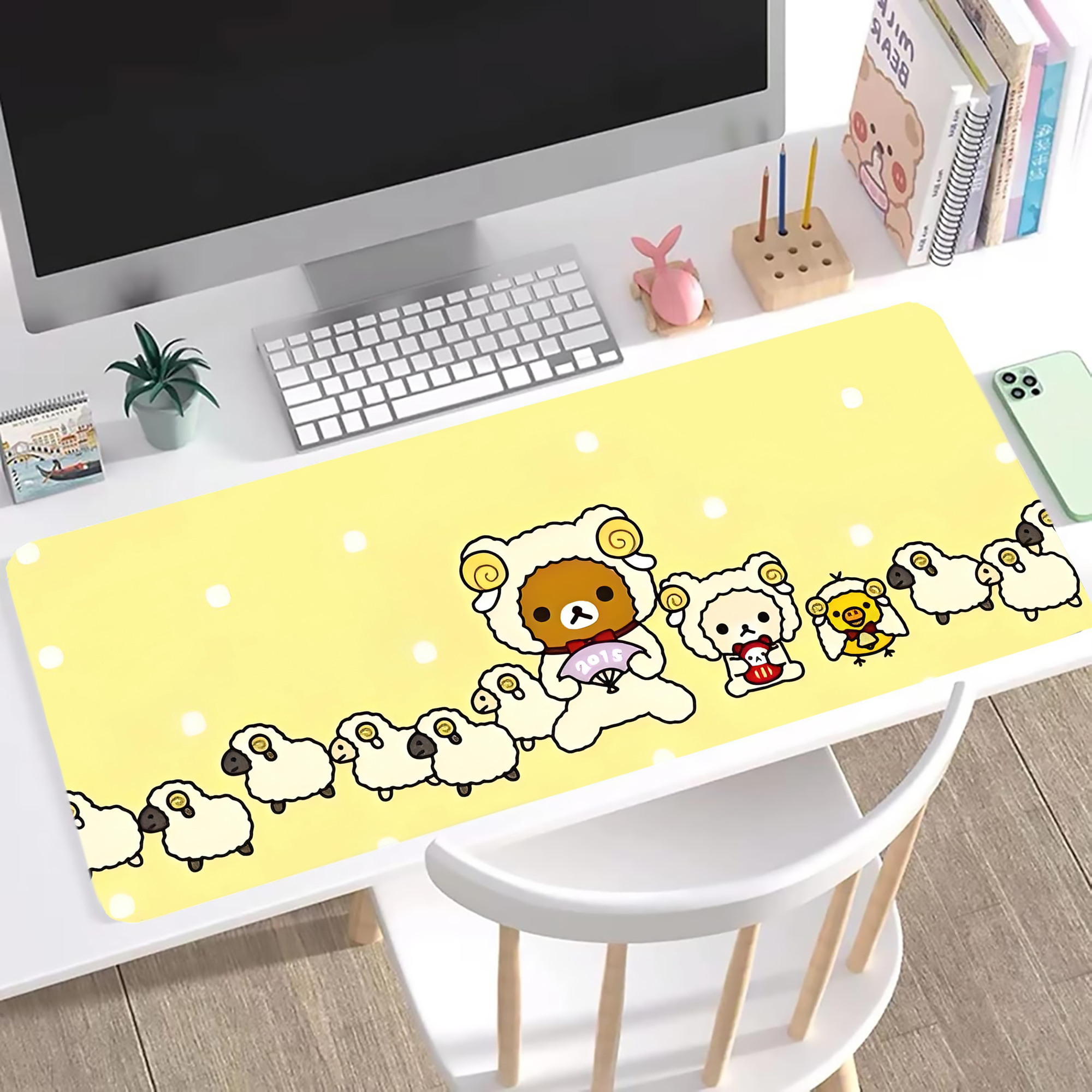 （画像用） リラックマ リラックマ キイロイトリ Rilakkuma Korilakkuma Kiiroitori ステッチ加工 大判デスクマット／滑り止めマウスパッド
