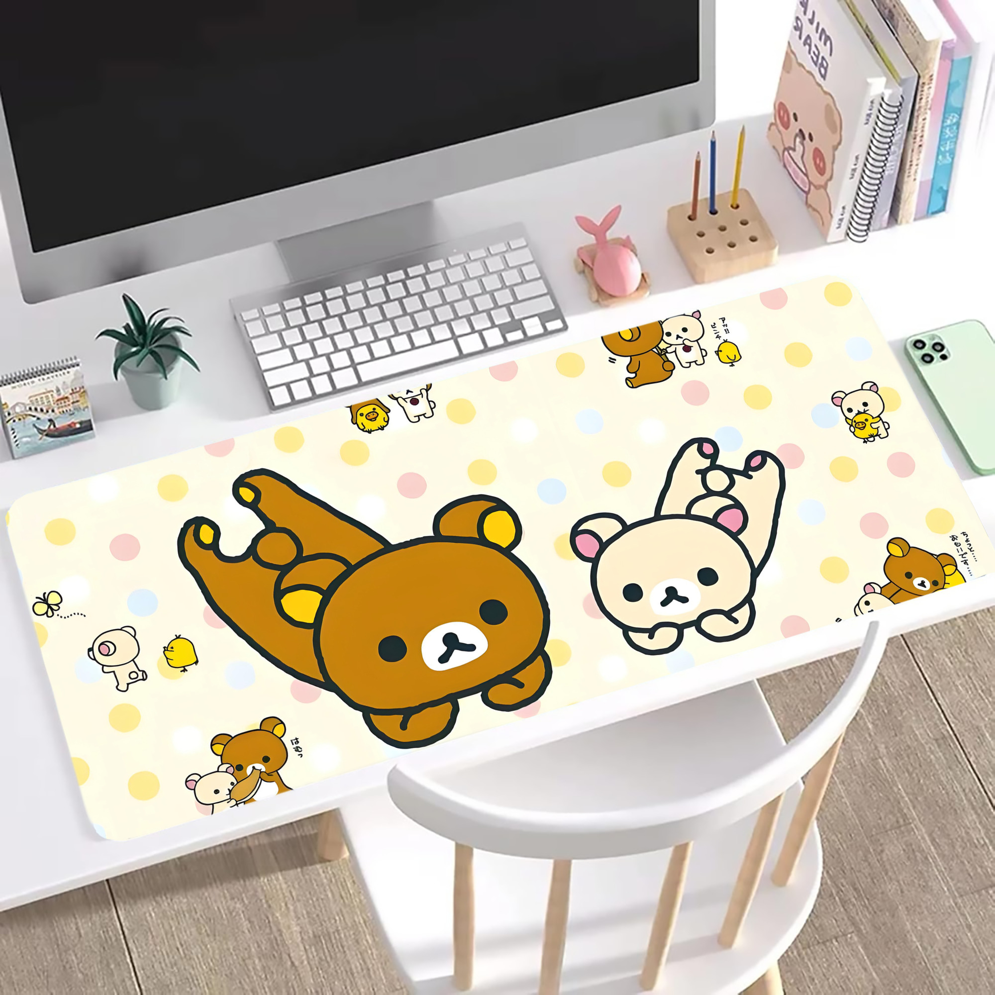 （画像用） リラックマ リラックマ キイロイトリ Rilakkuma Korilakkuma Kiiroitori ステッチ加工 大判デスクマット／滑り止めマウスパッド