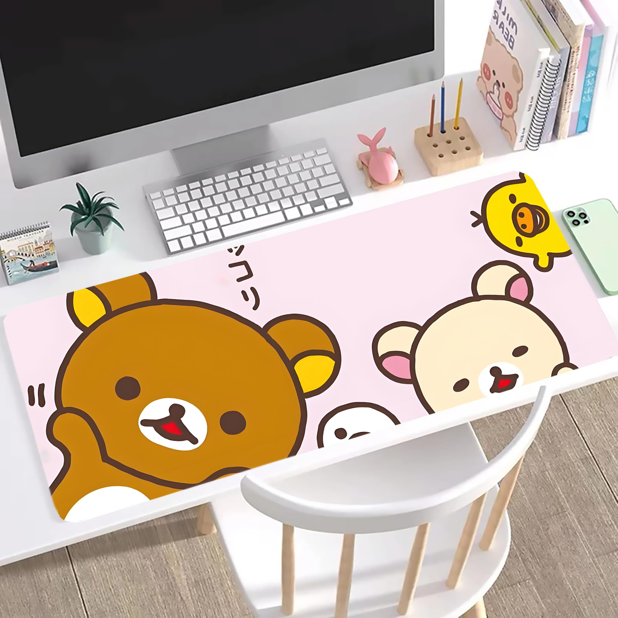 （画像用） リラックマ リラックマ キイロイトリ Rilakkuma Korilakkuma Kiiroitori ステッチ加工 大判デスクマット／滑り止めマウスパッド