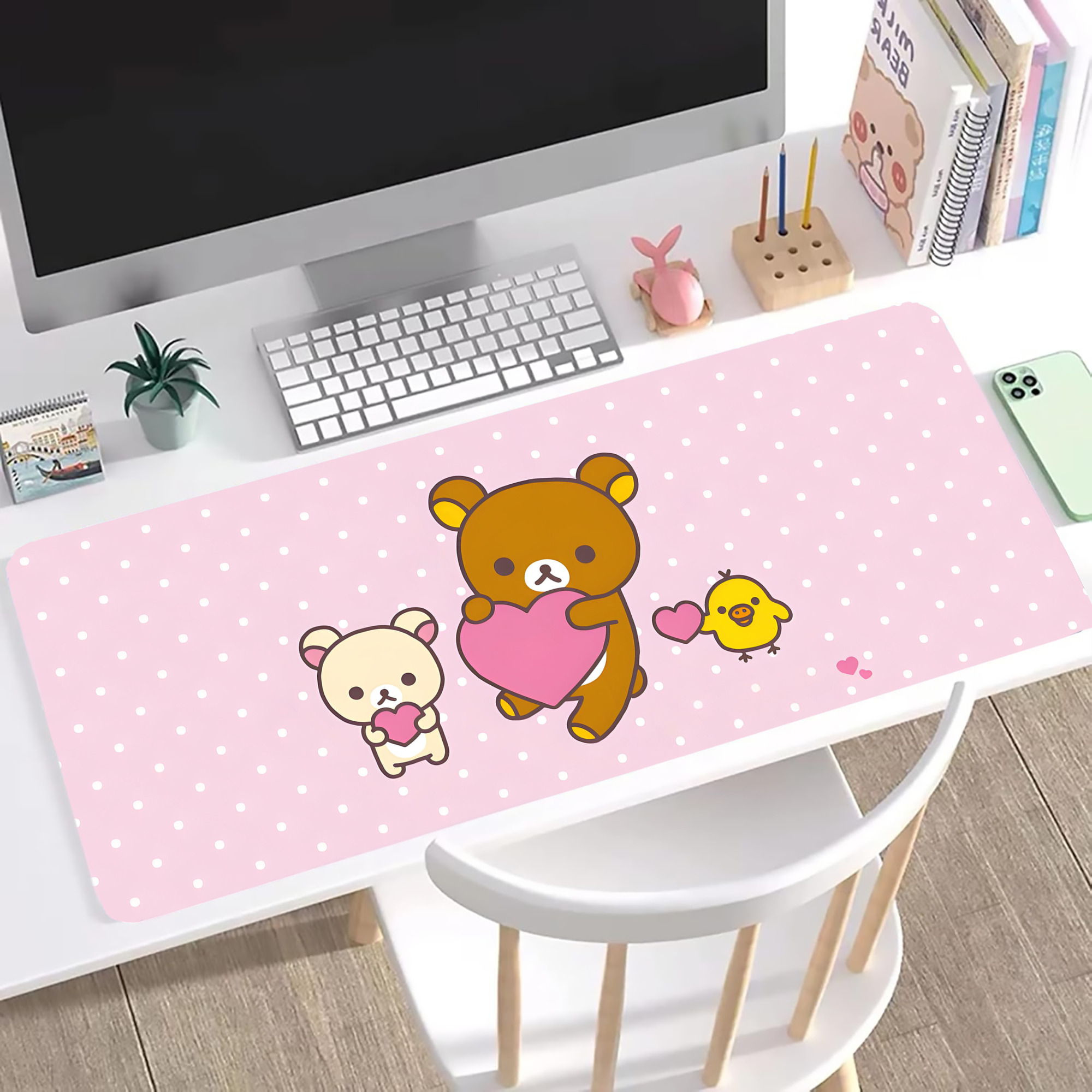 （画像用） リラックマ リラックマ キイロイトリ Rilakkuma Korilakkuma Kiiroitori ステッチ加工 大判デスクマット／滑り止めマウスパッド