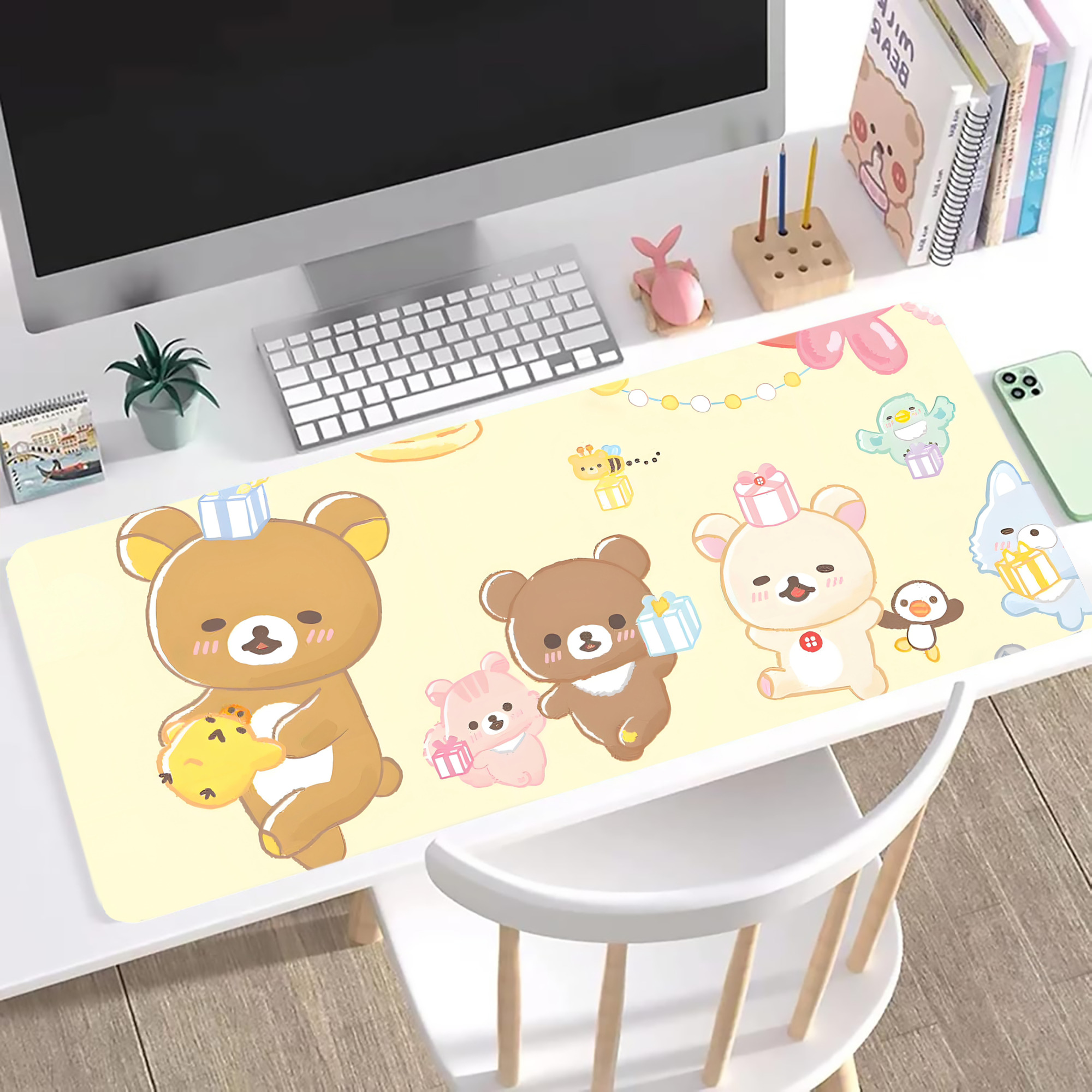 （画像用） リラックマ リラックマ キイロイトリ Rilakkuma Korilakkuma Kiiroitori ステッチ加工 大判デスクマット／滑り止めマウスパッド