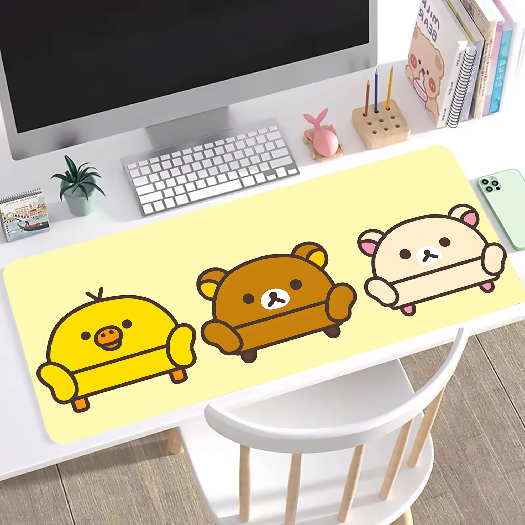 （画像用） リラックマ リラックマ キイロイトリ Rilakkuma Korilakkuma Kiiroitori ステッチ加工 大判デスクマット／滑り止めマウスパッド