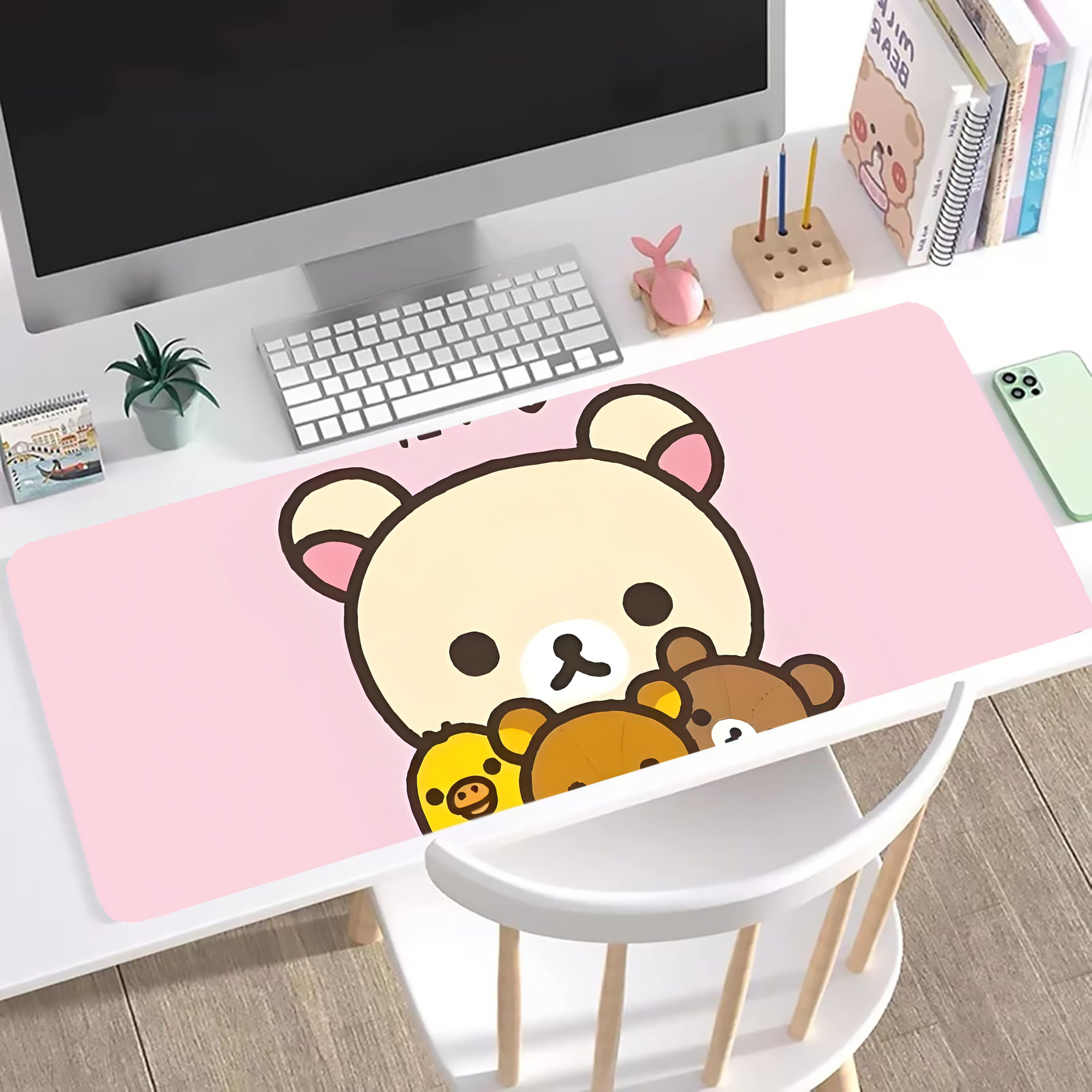 （画像用） リラックマ リラックマ キイロイトリ Rilakkuma Korilakkuma Kiiroitori ステッチ加工 大判デスクマット／滑り止めマウスパッド