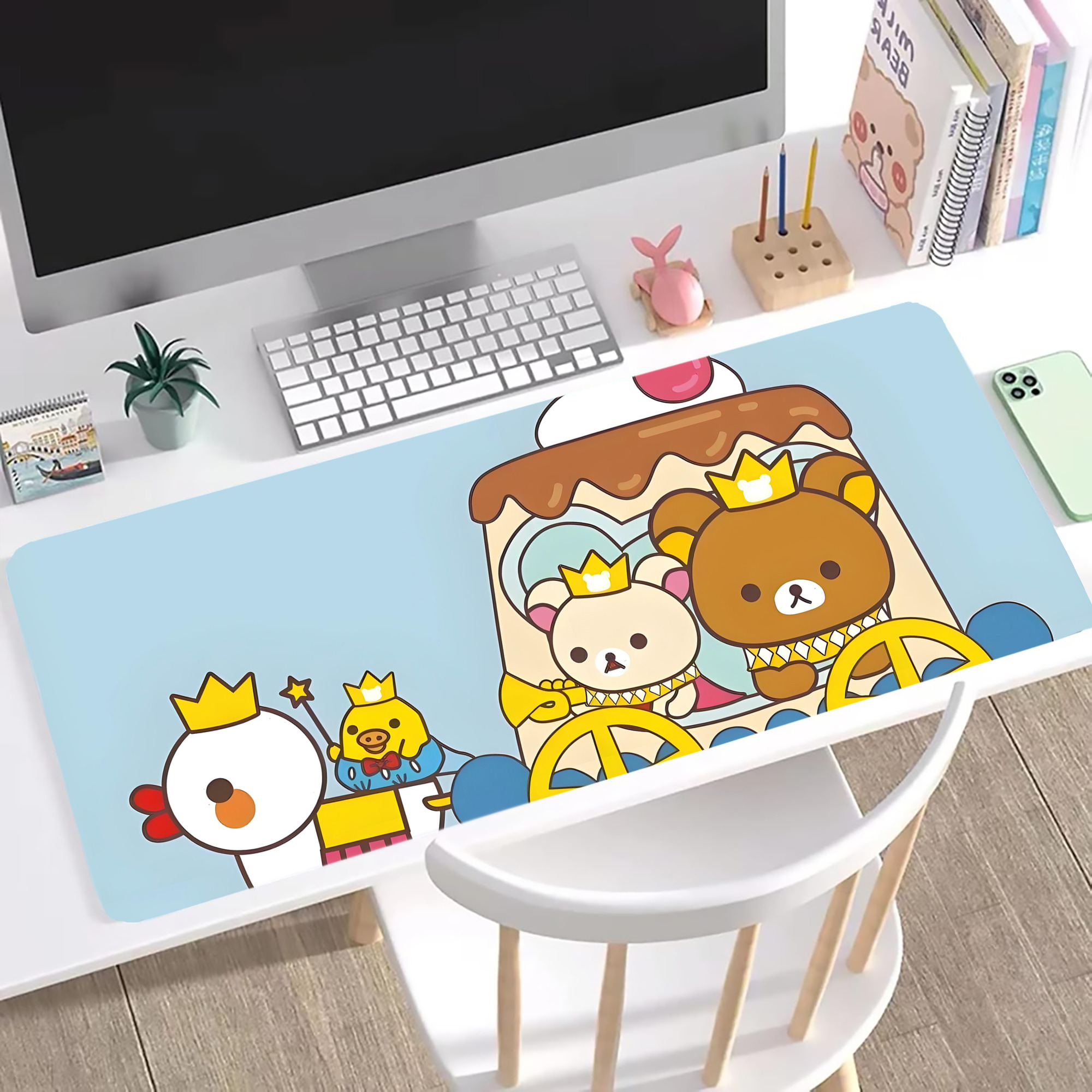 （画像用） リラックマ リラックマ キイロイトリ Rilakkuma Korilakkuma Kiiroitori ステッチ加工 大判デスクマット／滑り止めマウスパッド
