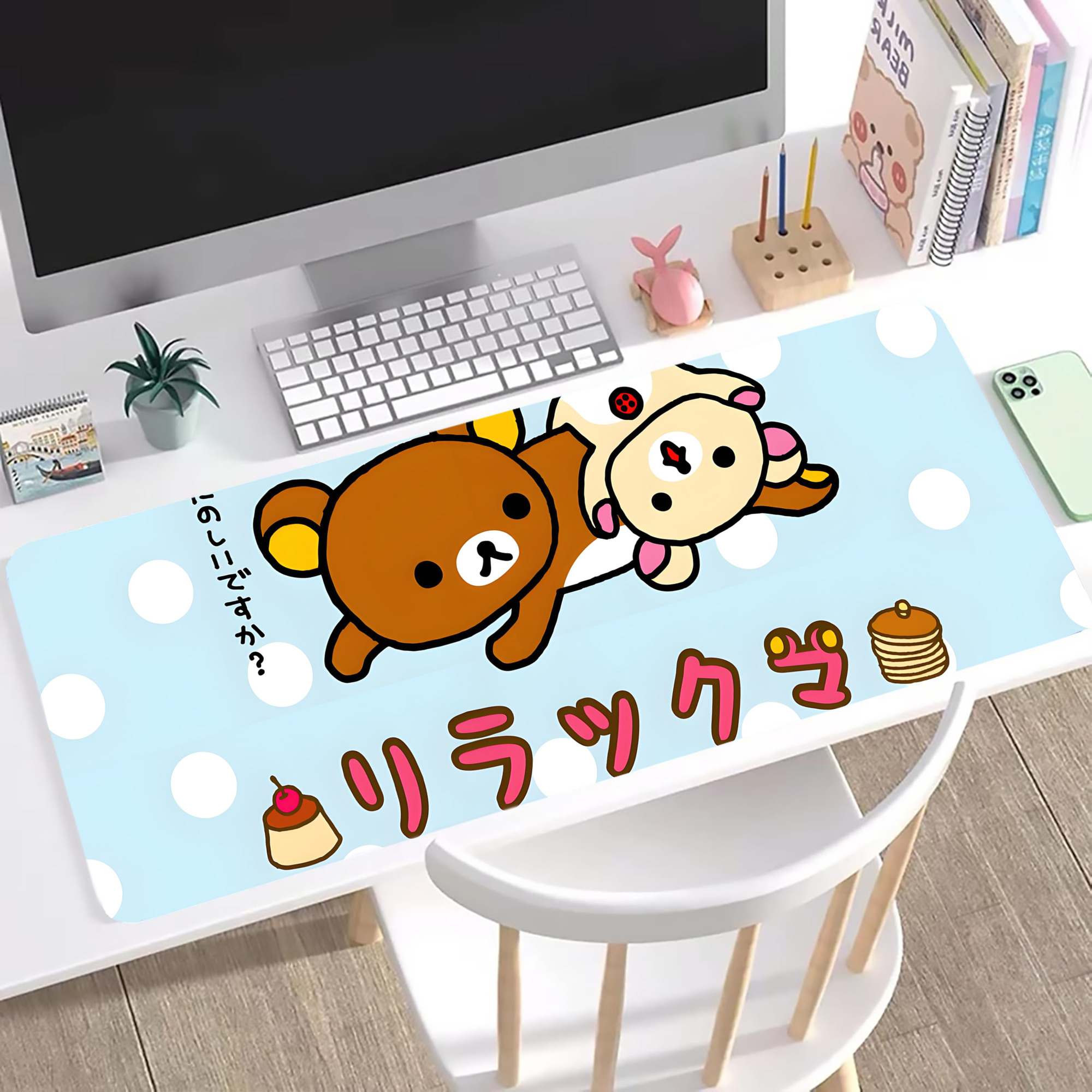 （画像用） リラックマ リラックマ キイロイトリ Rilakkuma Korilakkuma Kiiroitori ステッチ加工 大判デスクマット／滑り止めマウスパッド