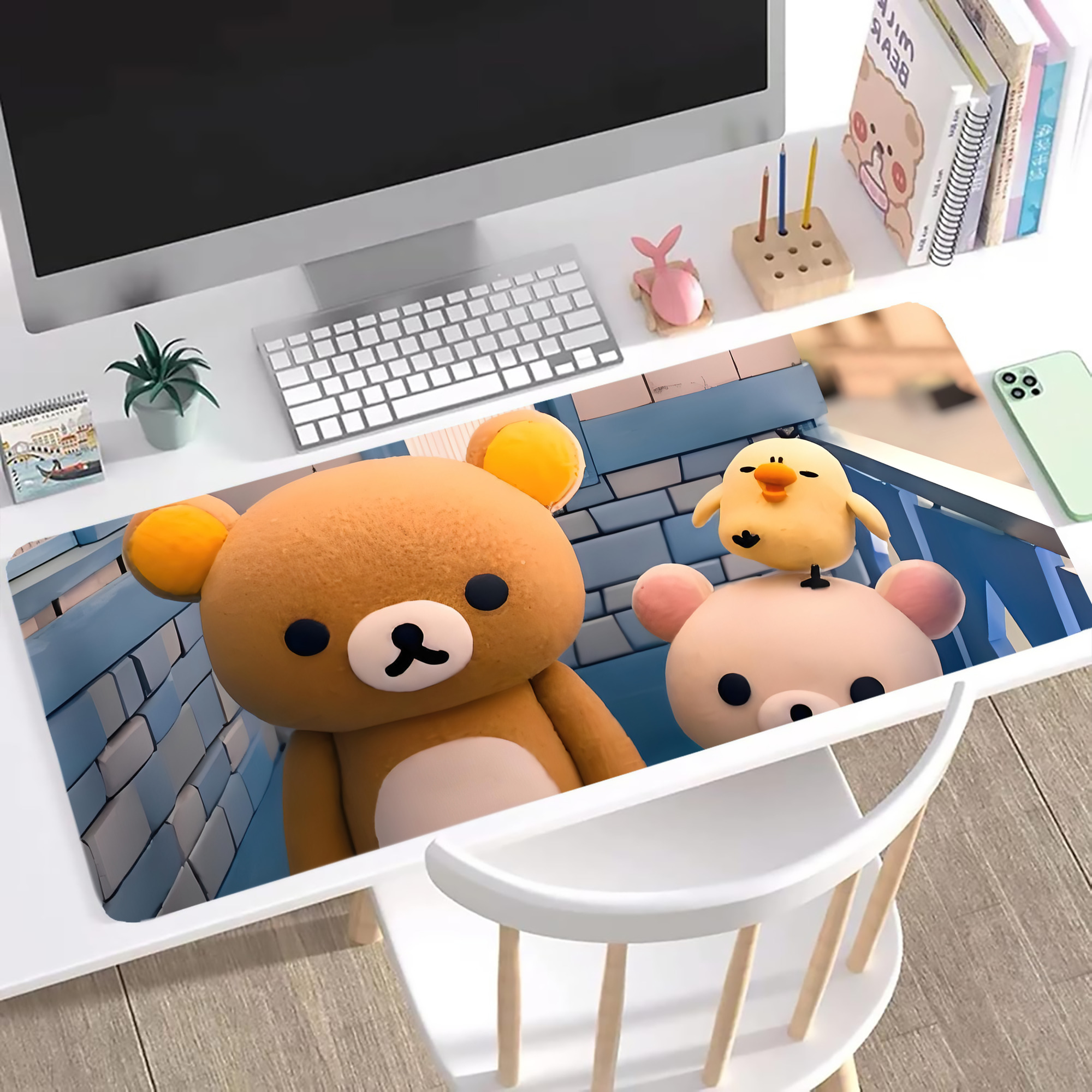 （画像用） リラックマ リラックマ キイロイトリ Rilakkuma Korilakkuma Kiiroitori ステッチ加工 大判デスクマット／滑り止めマウスパッド