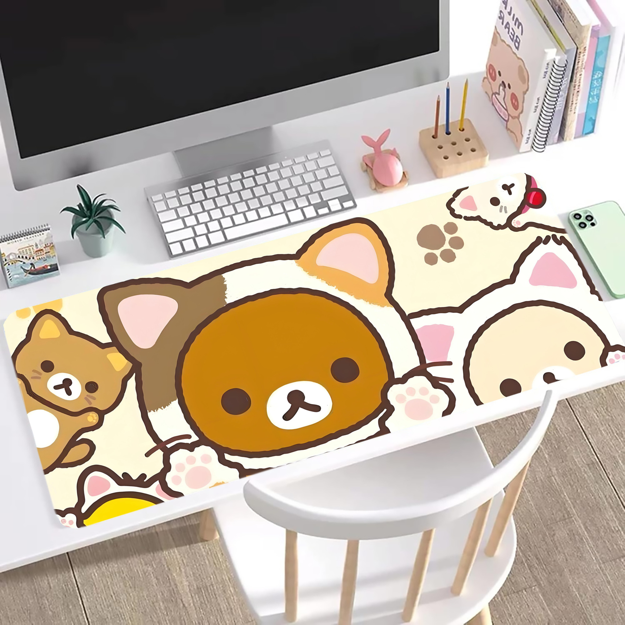 （画像用） リラックマ リラックマ キイロイトリ Rilakkuma Korilakkuma Kiiroitori ステッチ加工 大判デスクマット／滑り止めマウスパッド