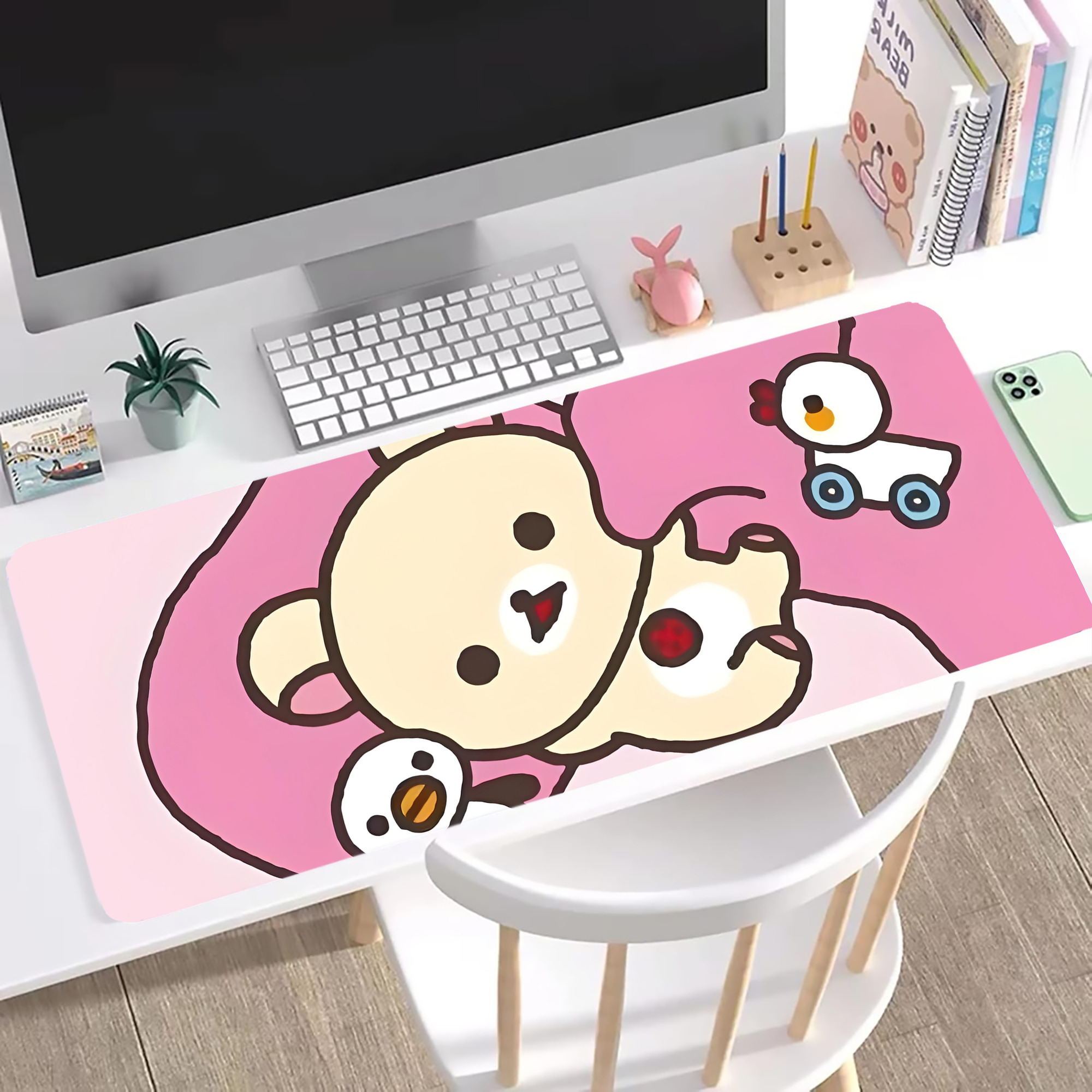 （画像用） リラックマ リラックマ キイロイトリ Rilakkuma Korilakkuma Kiiroitori ステッチ加工 大判デスクマット／滑り止めマウスパッド