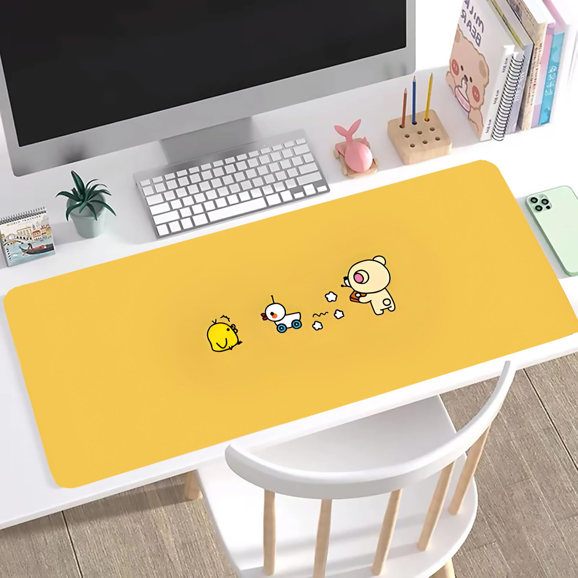 （画像用） リラックマ リラックマ キイロイトリ Rilakkuma Korilakkuma Kiiroitori ステッチ加工 大判デスクマット／滑り止めマウスパッド