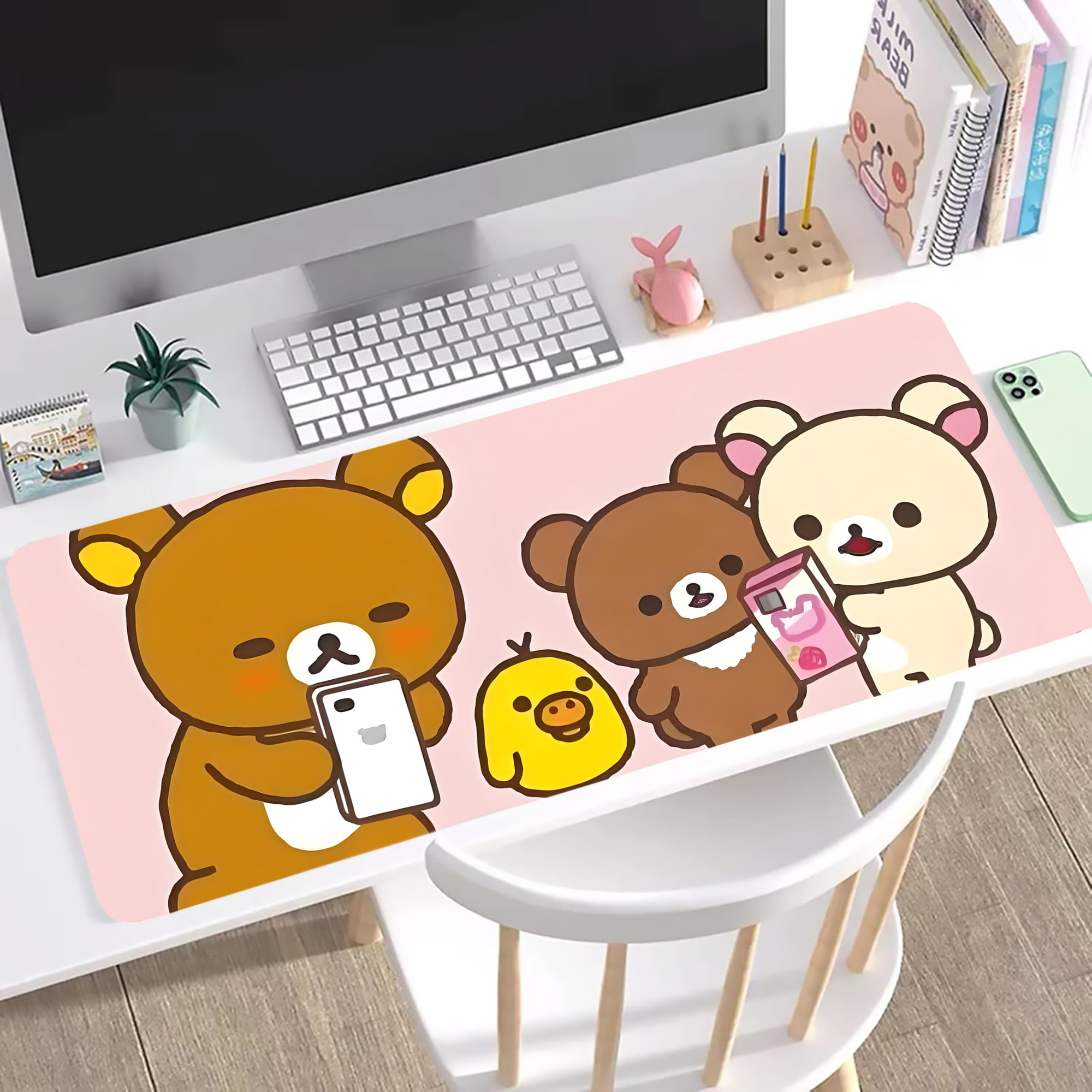 （画像用） リラックマ リラックマ キイロイトリ Rilakkuma Korilakkuma Kiiroitori ステッチ加工 大判デスクマット／滑り止めマウスパッド