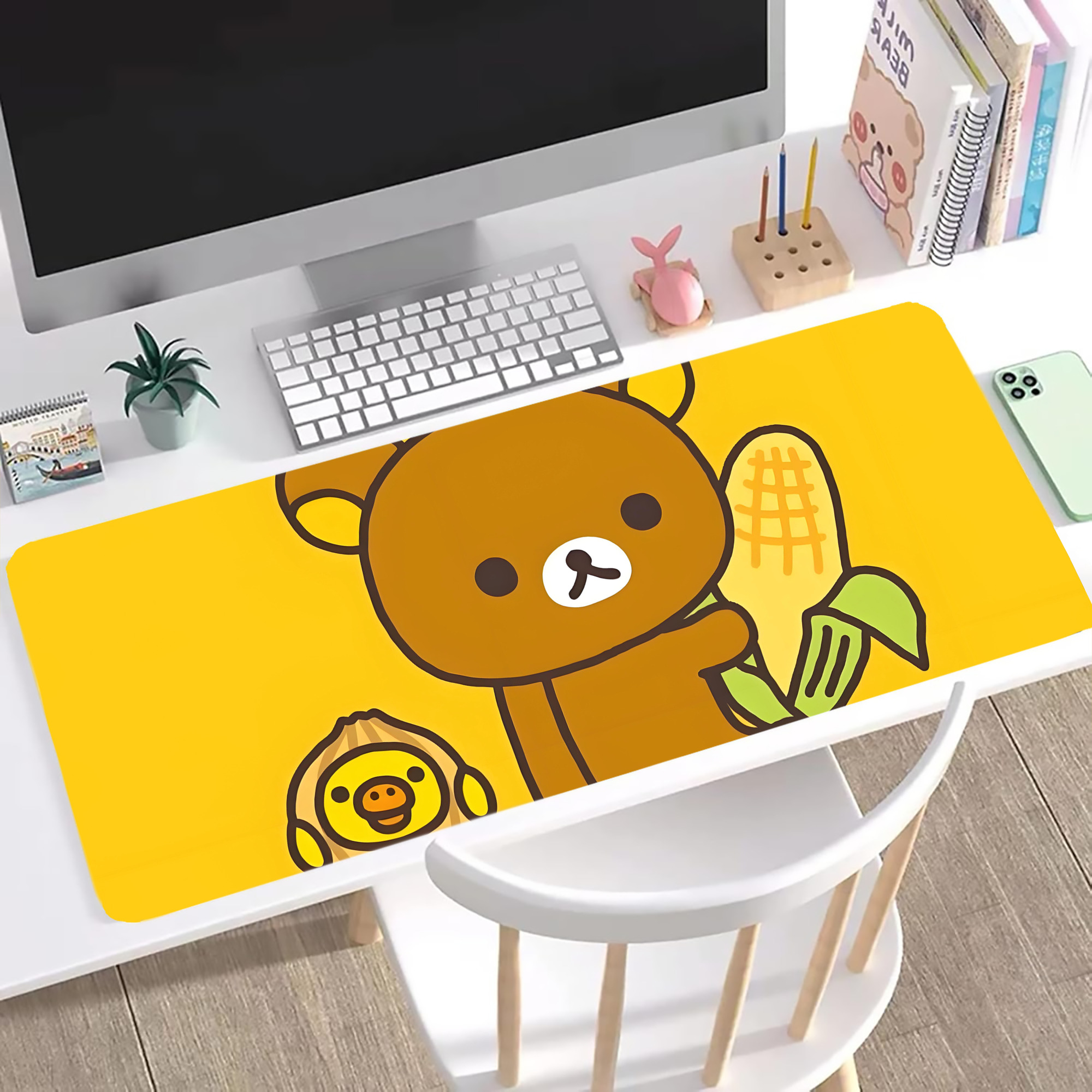 （画像用） リラックマ リラックマ キイロイトリ Rilakkuma Korilakkuma Kiiroitori ステッチ加工 大判デスクマット／滑り止めマウスパッド