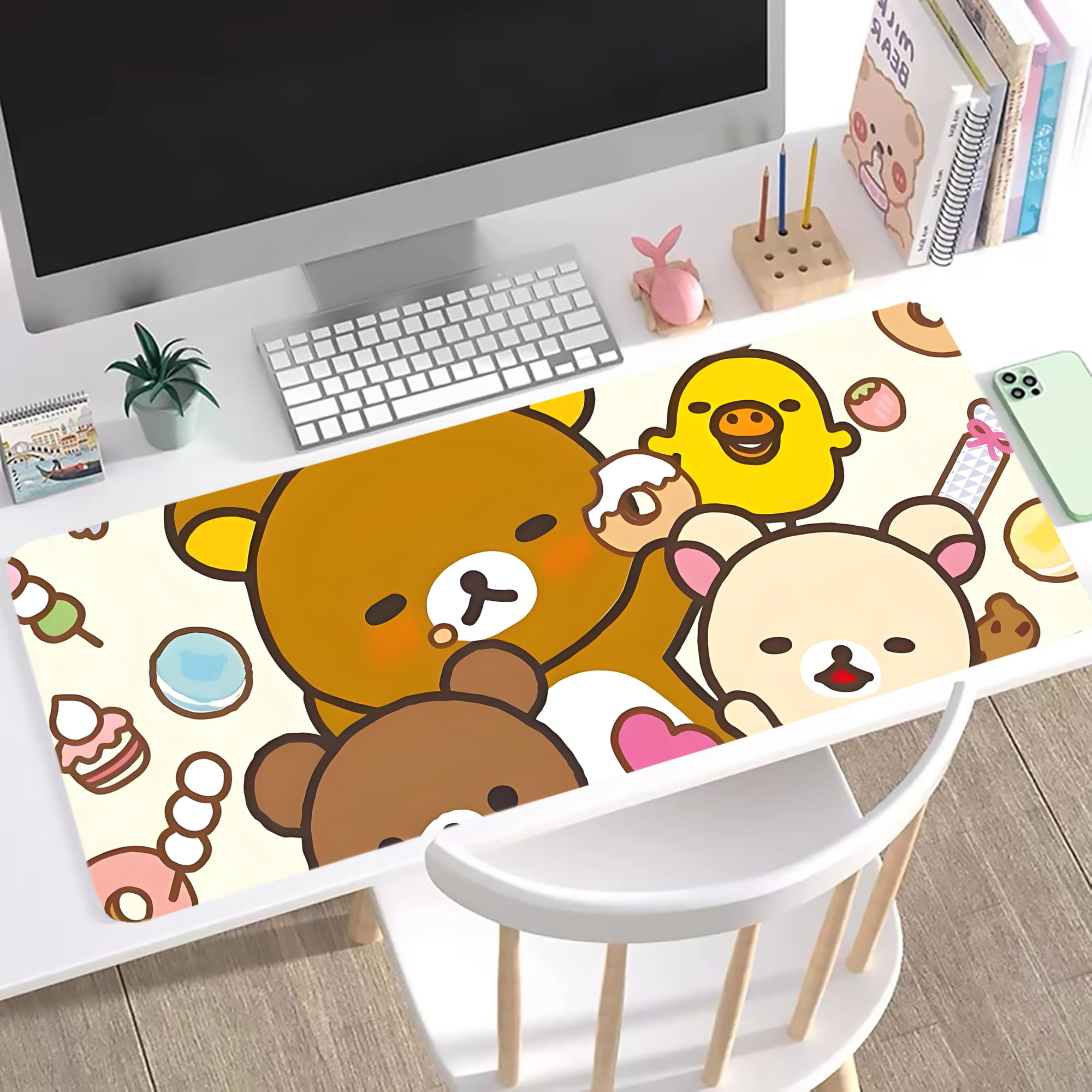 （画像用） リラックマ リラックマ キイロイトリ Rilakkuma Korilakkuma Kiiroitori ステッチ加工 大判デスクマット／滑り止めマウスパッド