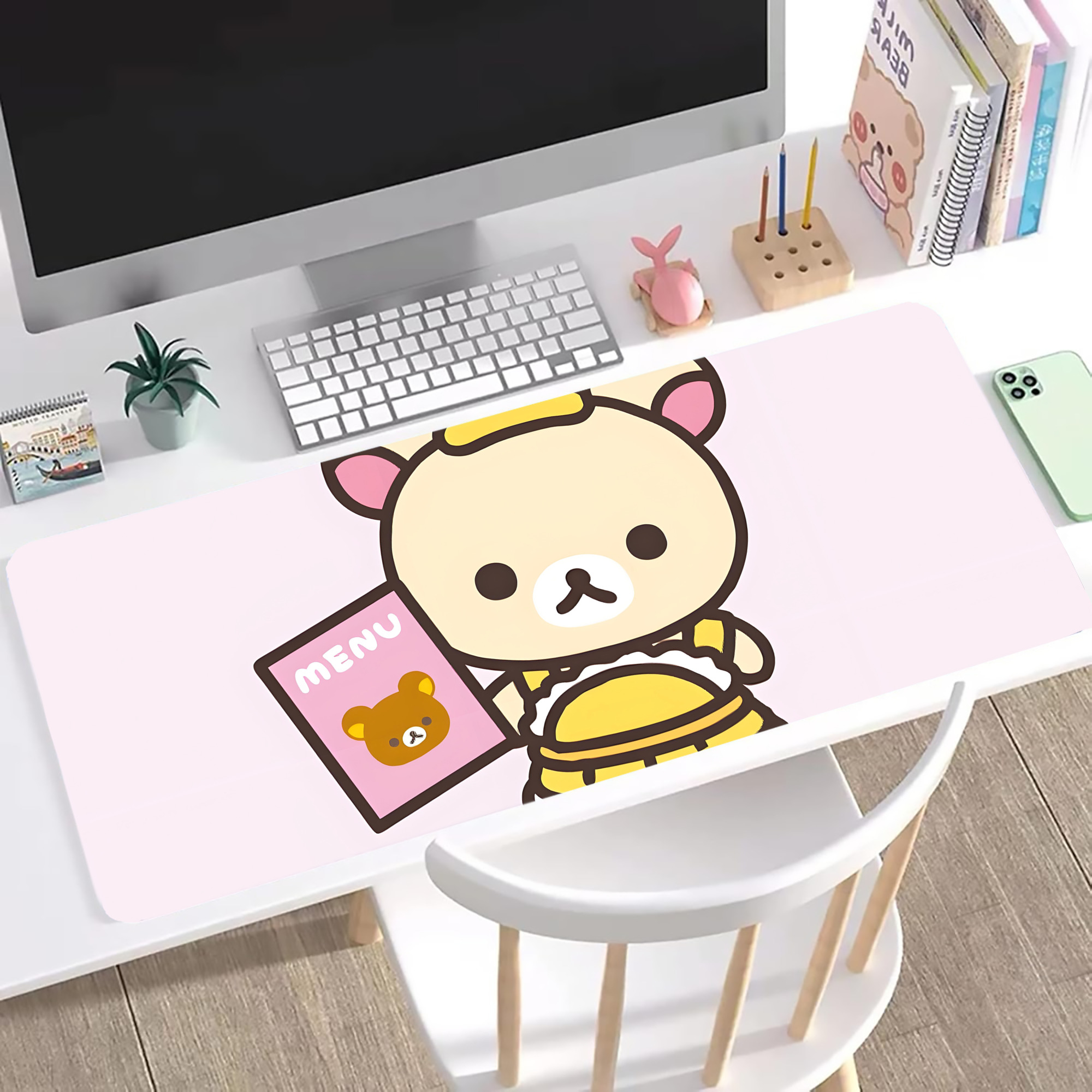 （画像用） リラックマ リラックマ キイロイトリ Rilakkuma Korilakkuma Kiiroitori ステッチ加工 大判デスクマット／滑り止めマウスパッド