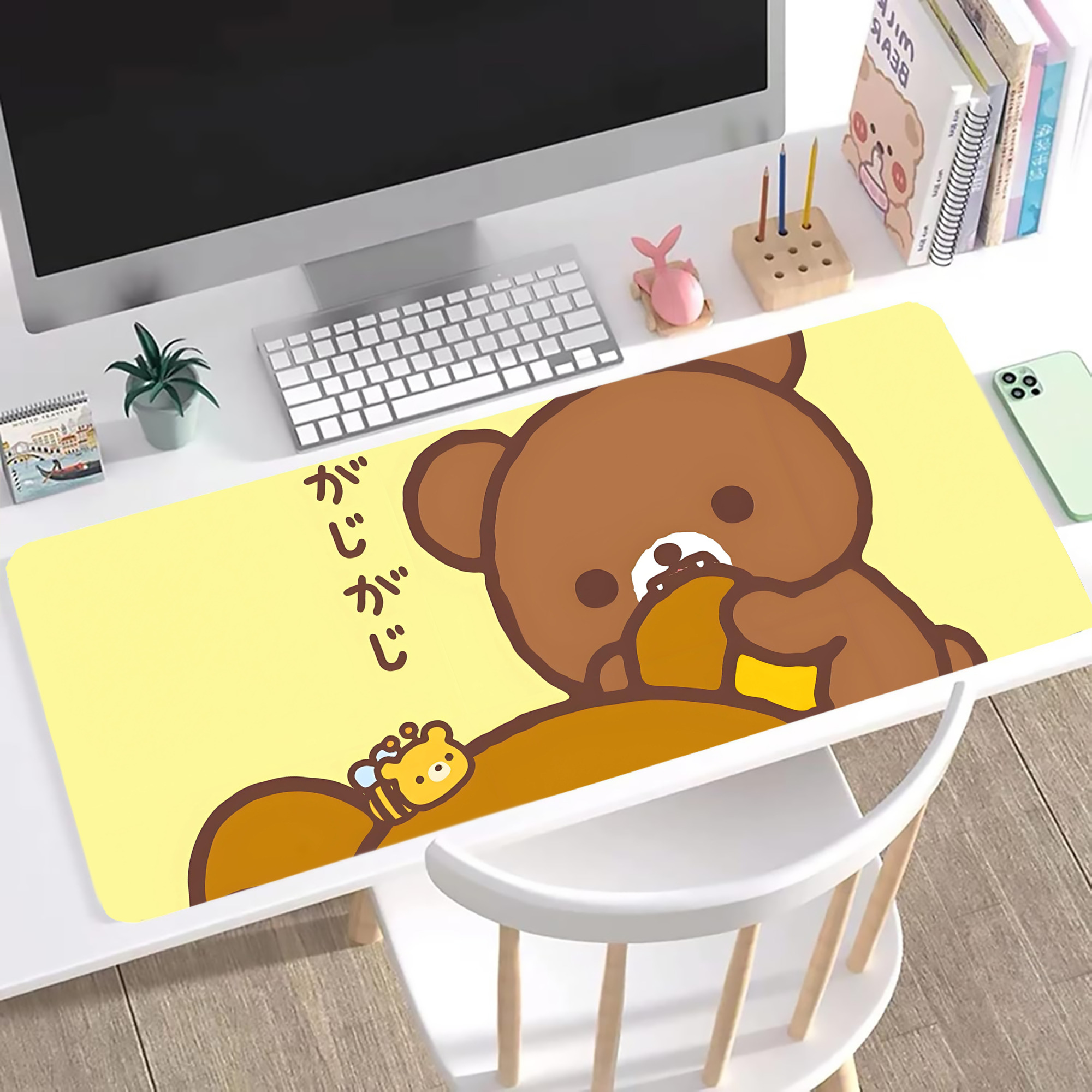 （画像用） リラックマ リラックマ キイロイトリ Rilakkuma Korilakkuma Kiiroitori ステッチ加工 大判デスクマット／滑り止めマウスパッド