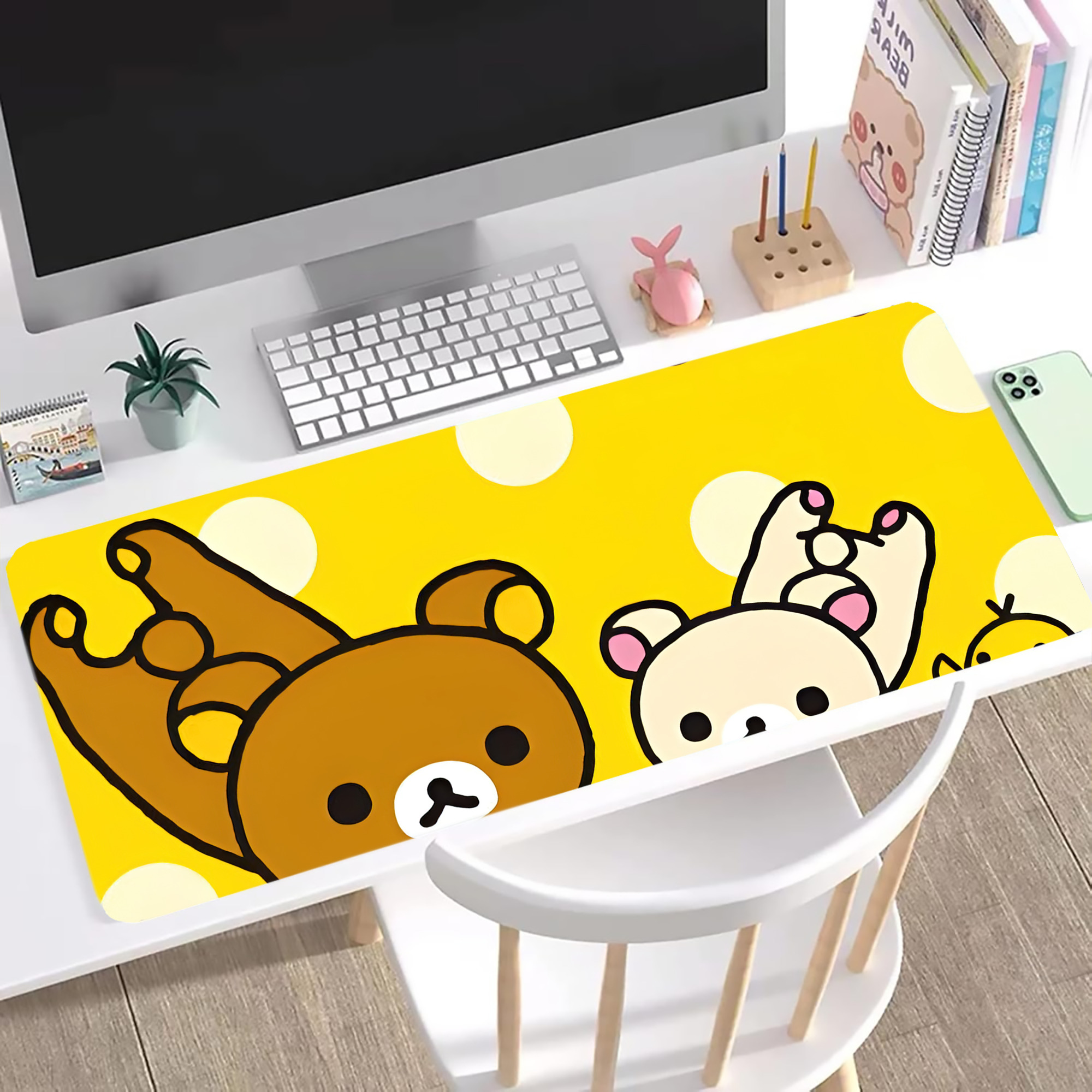 （画像用） リラックマ リラックマ キイロイトリ Rilakkuma Korilakkuma Kiiroitori ステッチ加工 大判デスクマット／滑り止めマウスパッド