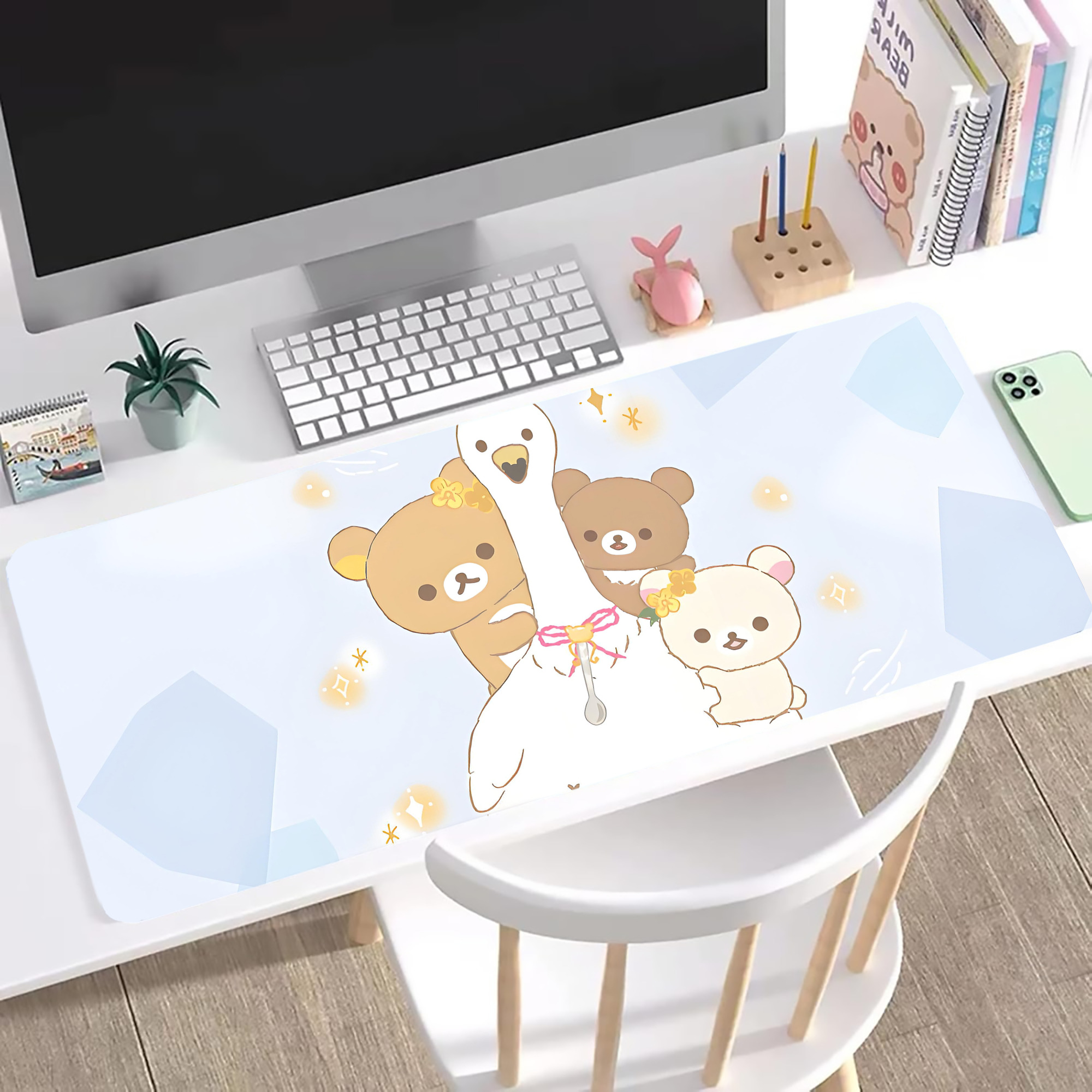 （画像用） リラックマ リラックマ キイロイトリ Rilakkuma Korilakkuma Kiiroitori ステッチ加工 大判デスクマット／滑り止めマウスパッド