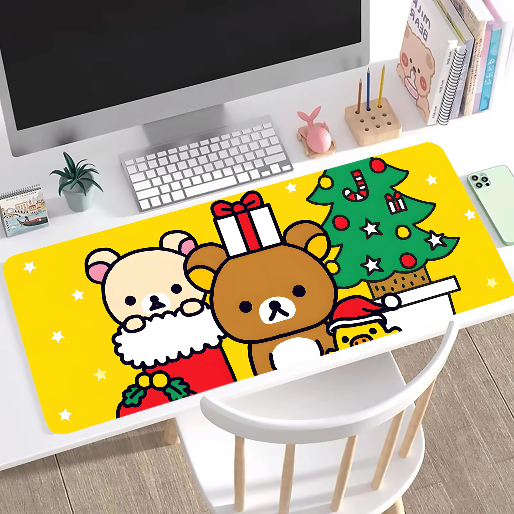 （画像用） リラックマ リラックマ キイロイトリ Rilakkuma Korilakkuma Kiiroitori ステッチ加工 大判デスクマット／滑り止めマウスパッド